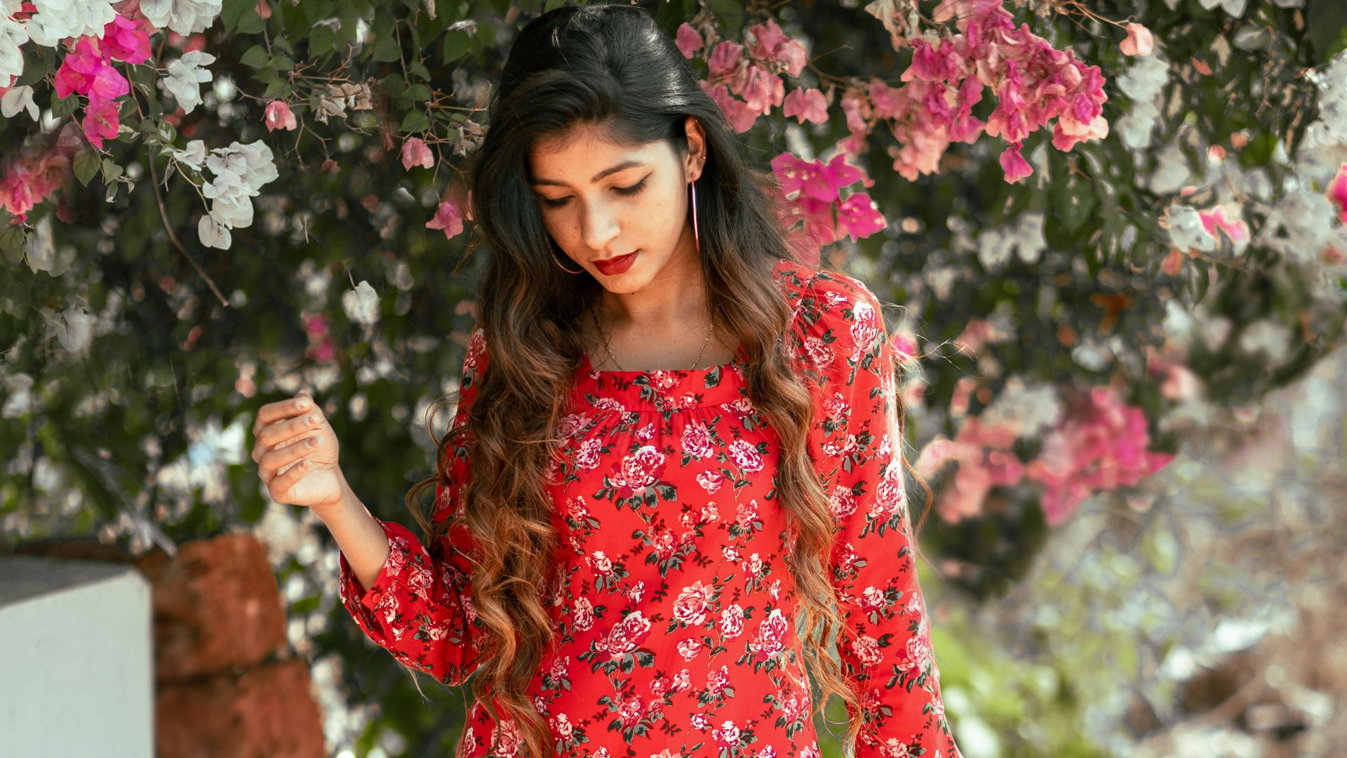 a woman in a red dress
