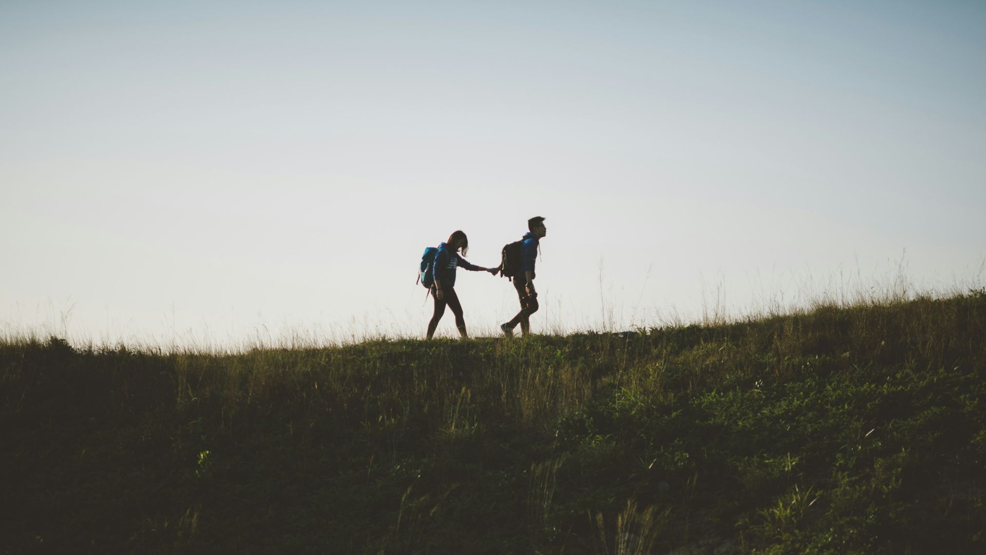 couple walking on hill while holding during daytime