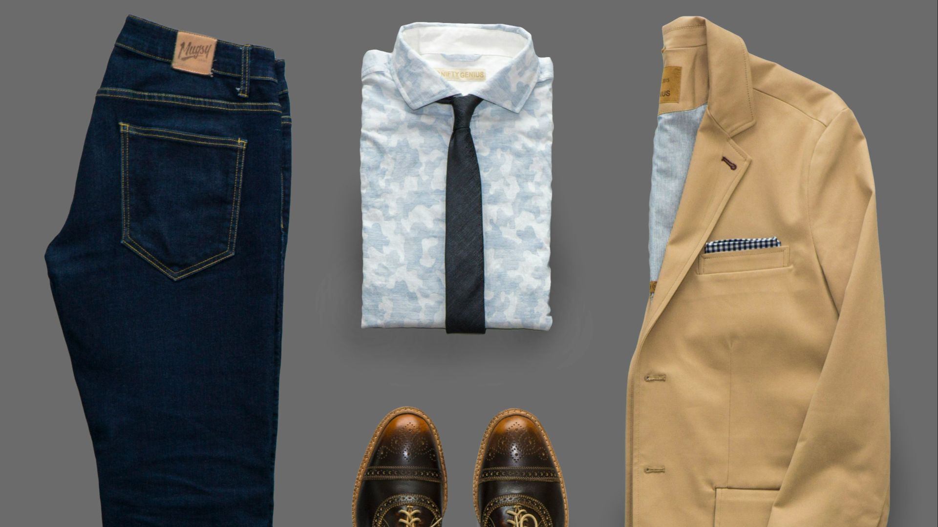 blue denim jeans and brown leather shoes