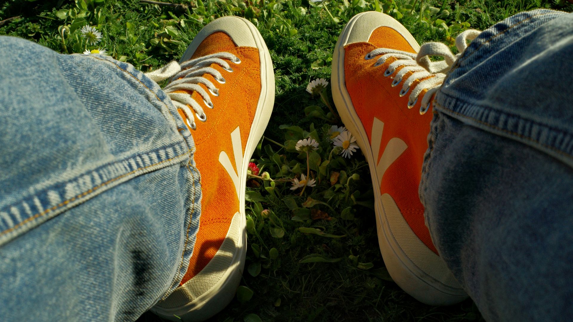 Person wearing orange sneakers sitting on grass