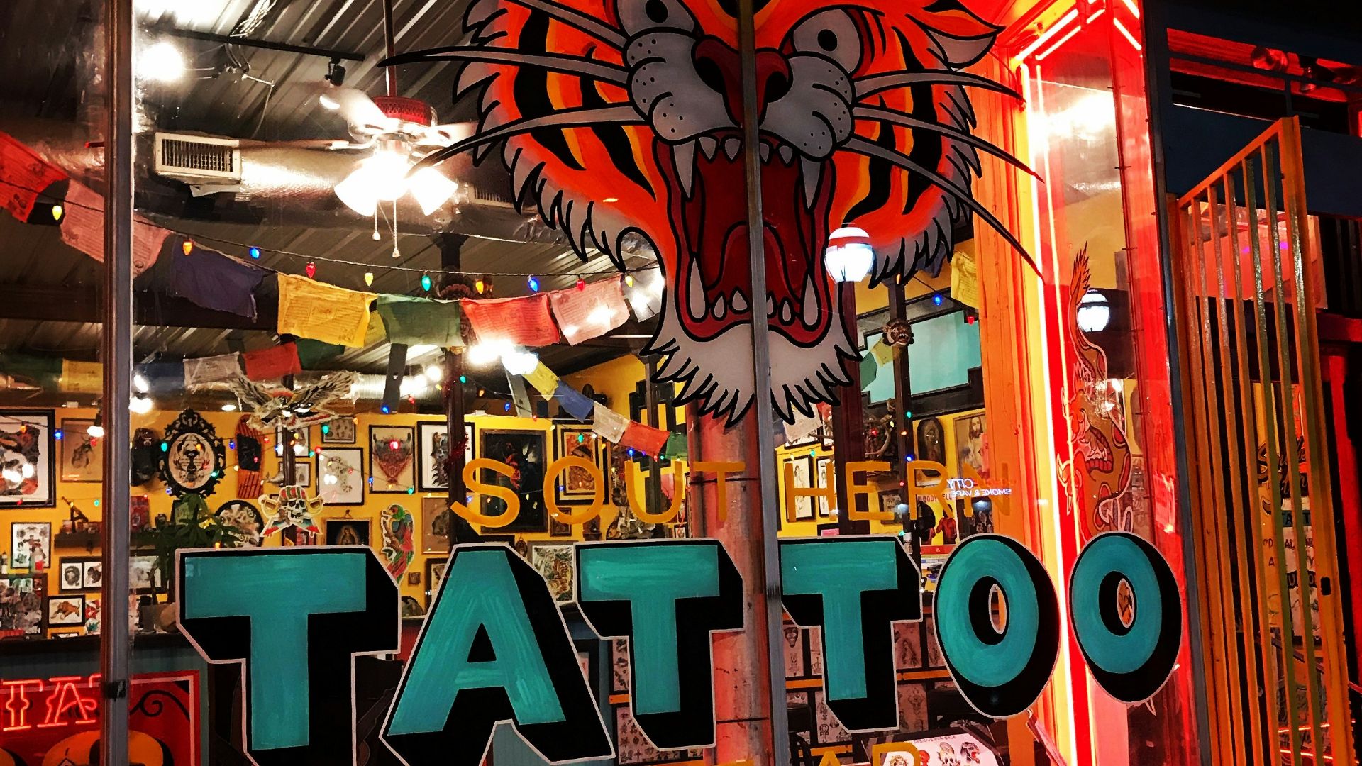 tattoo shop at night