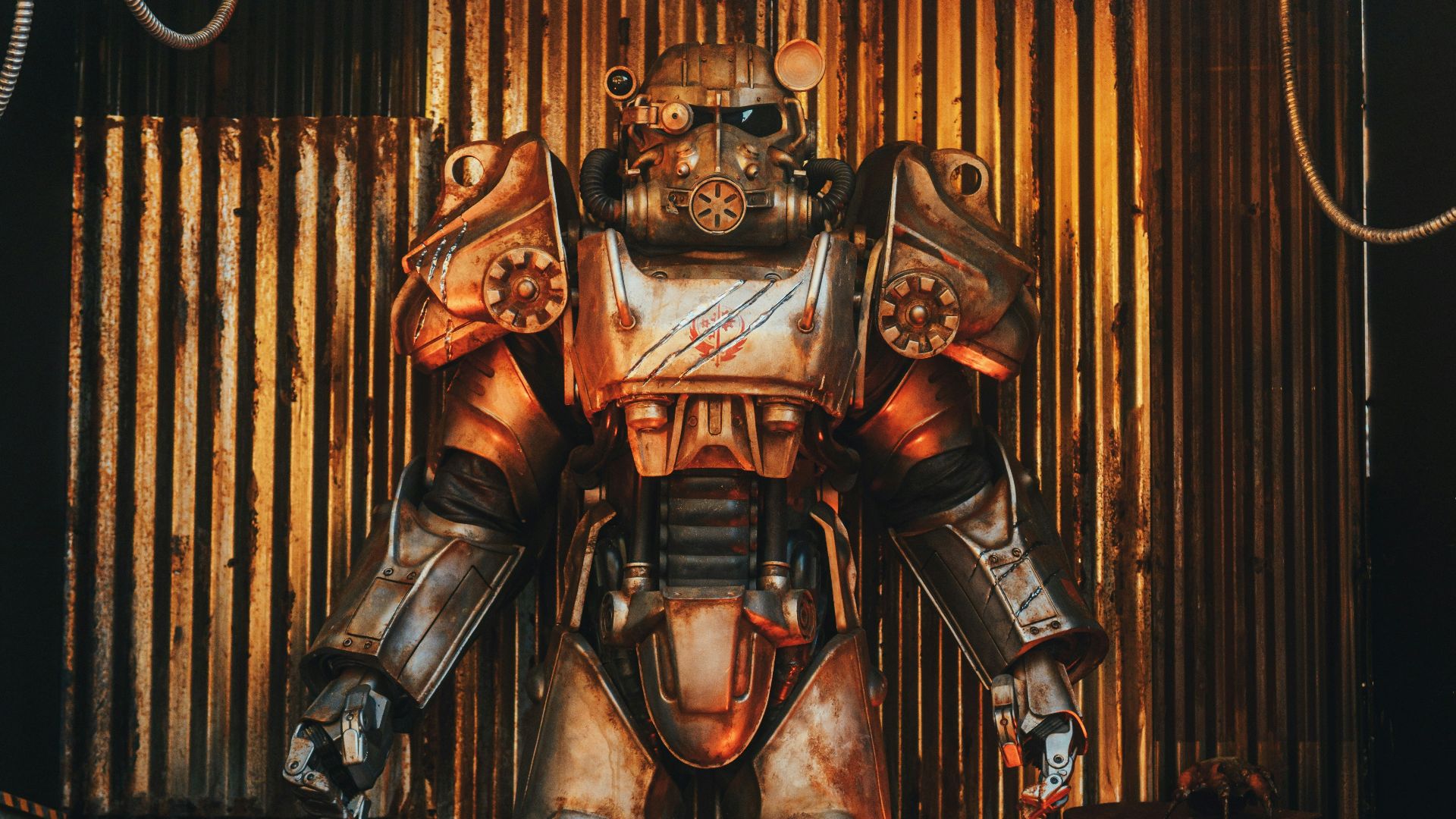 a giant robot standing in front of a wall