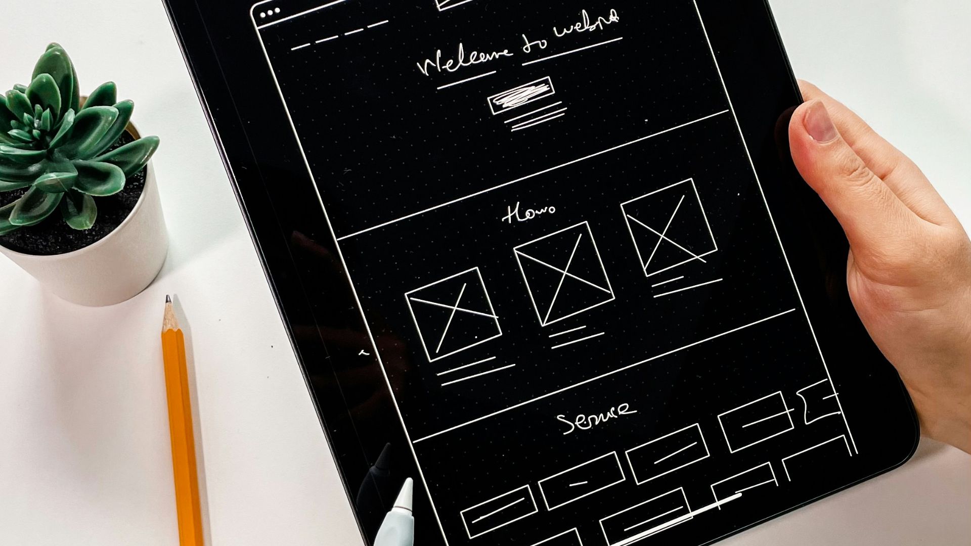 person holding black ipad with green plant