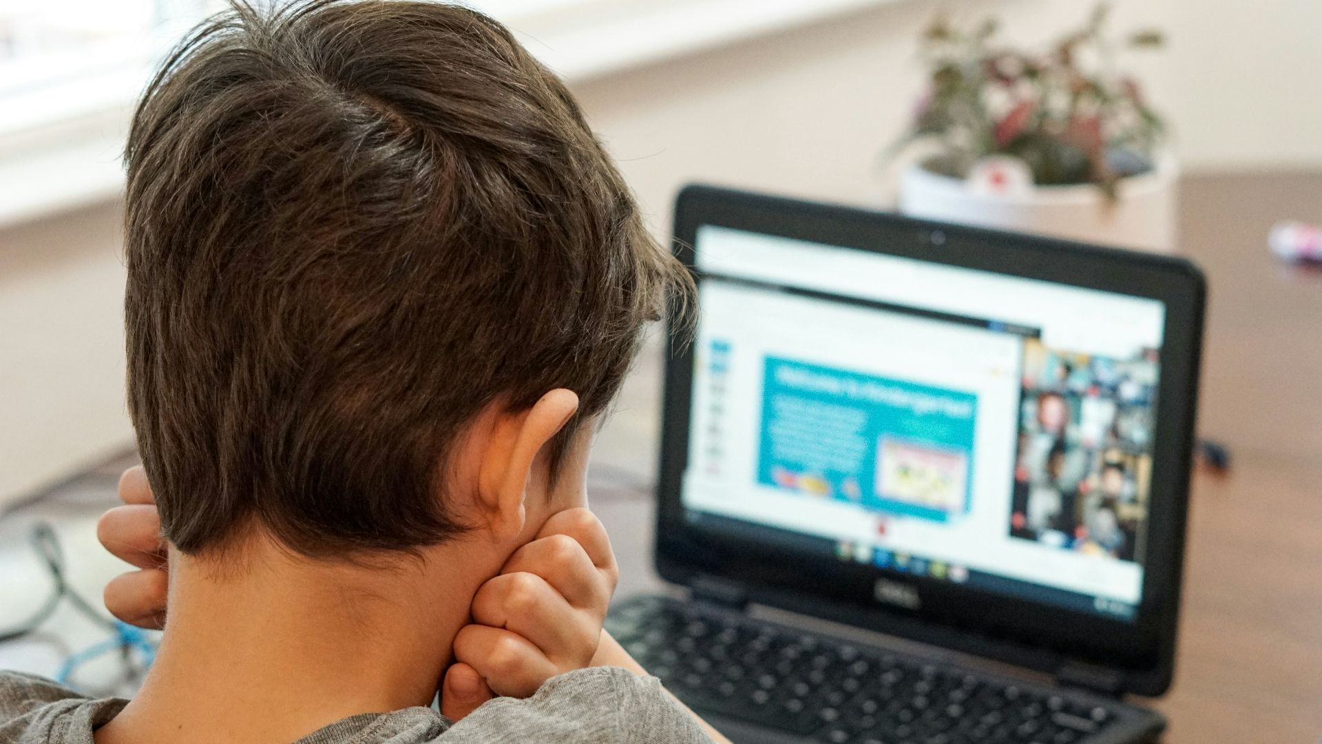 boy in gray shirt using black laptop computer