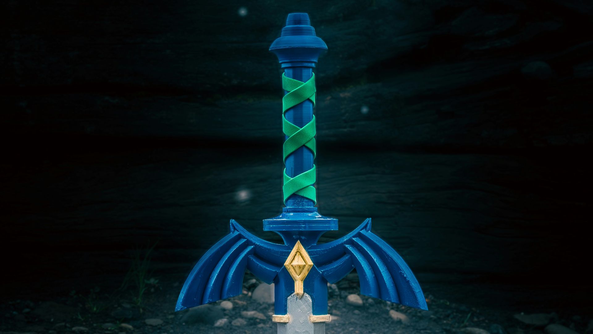 A blue and green dragon sword and some white flowers