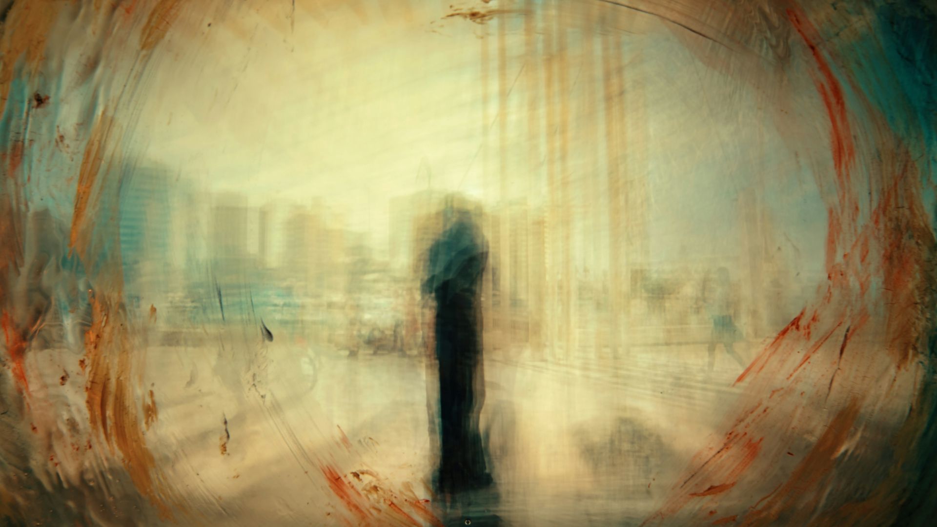 a painting of a person standing in front of a city