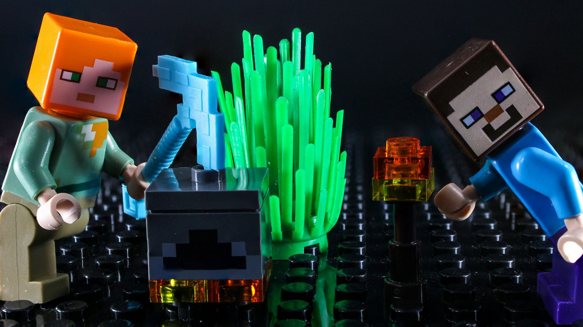 Two minecraft figures interacting with a plant.