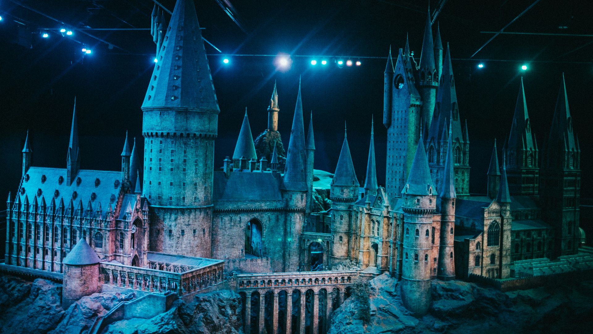 a castle with blue lights