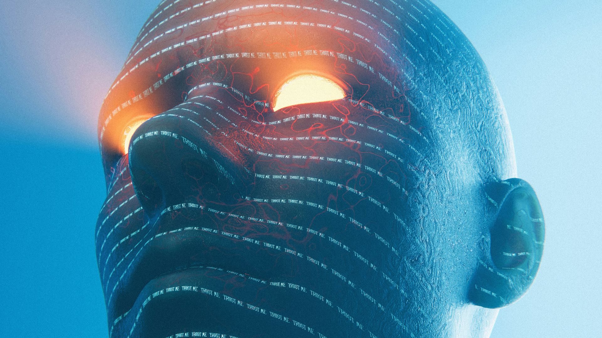Glowing eyes emanate from a digital face.