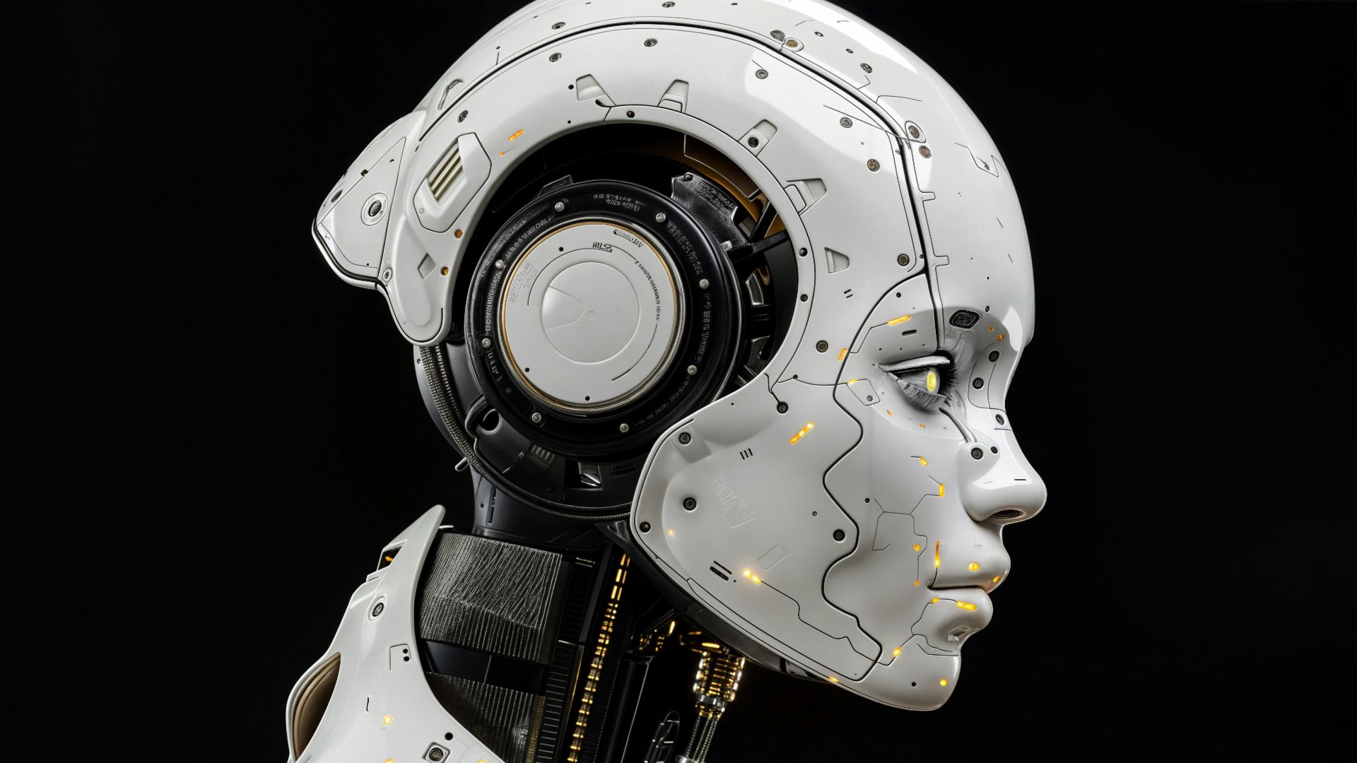 A white robot is standing in front of a black background