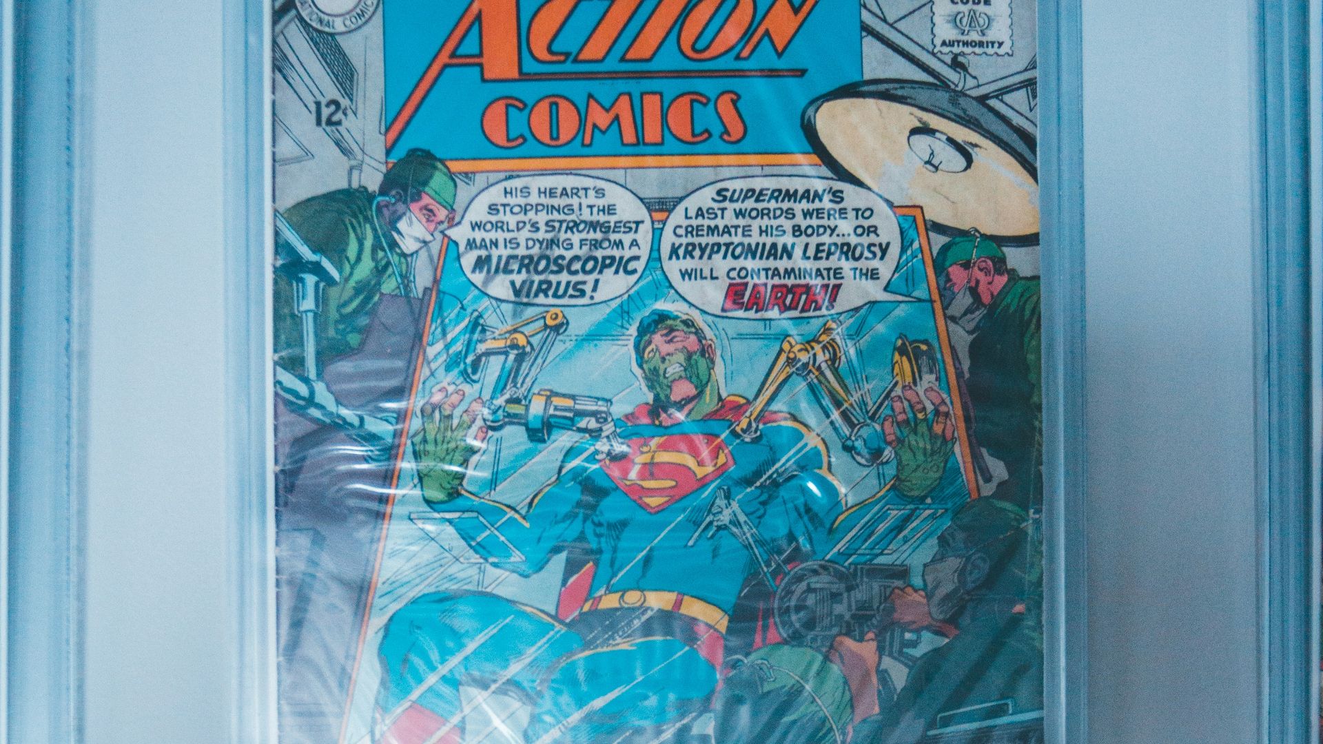 a close up of a comic book hanging on a wall