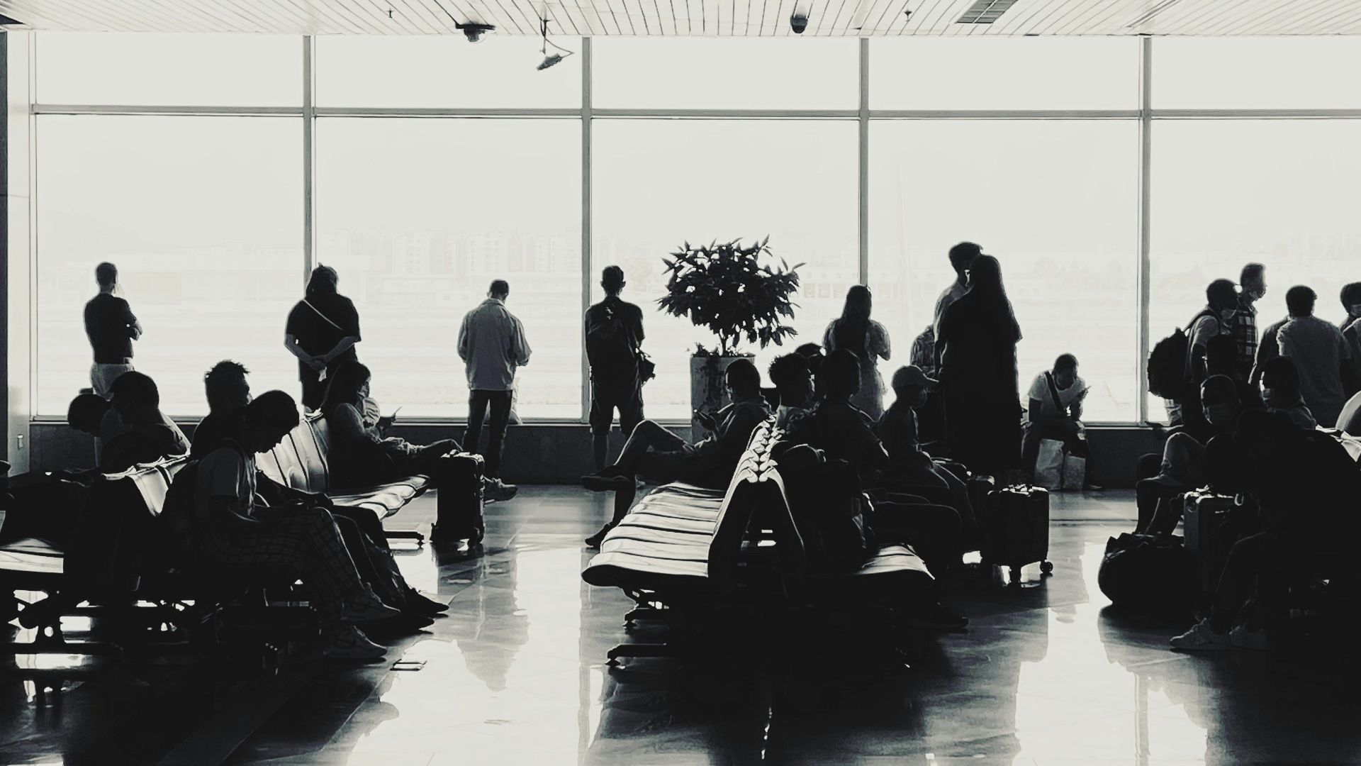 people sitting on bench in grayscale photography