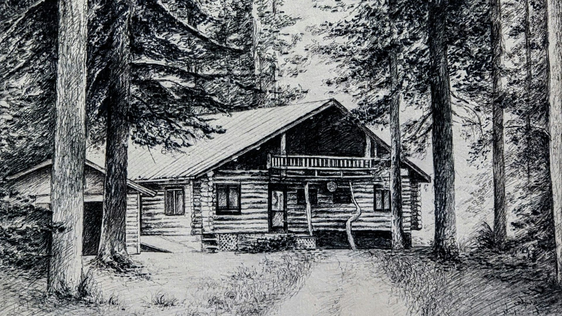 A drawing of a cabin in the woods