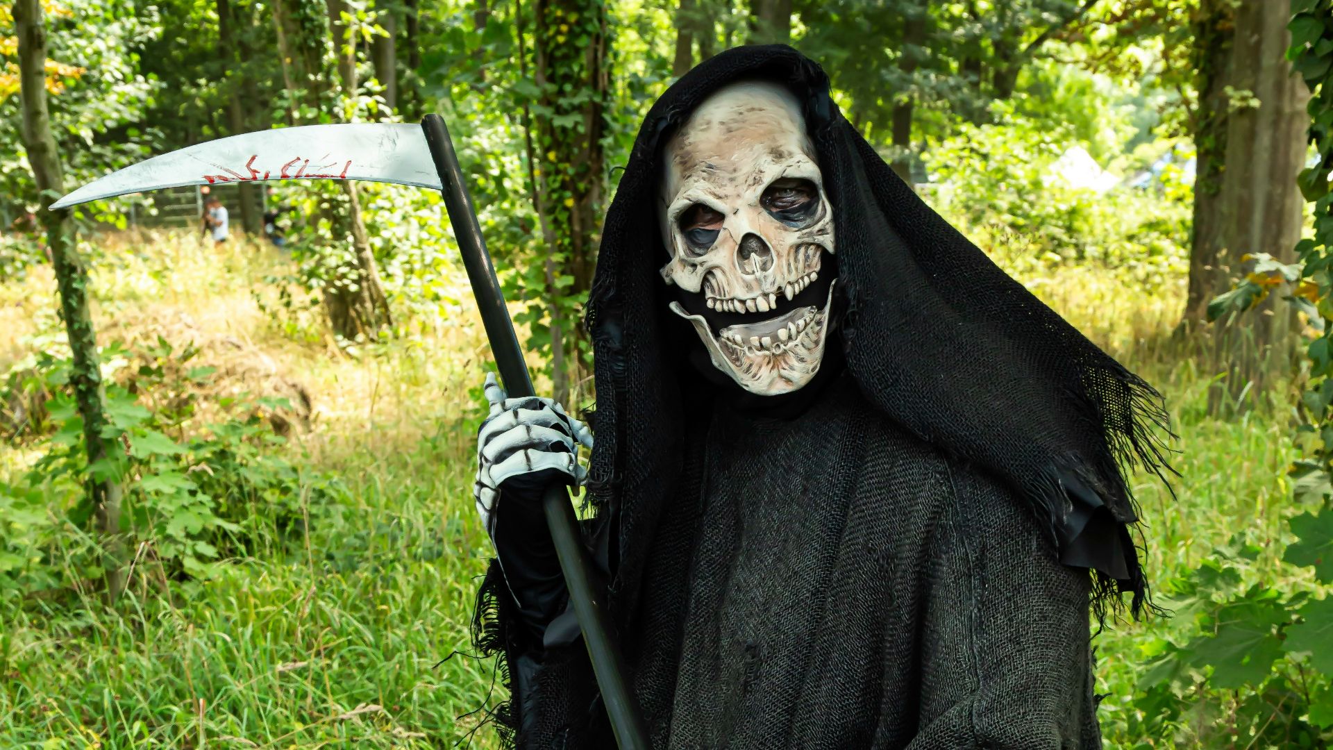 a skeleton dressed in a black robe and holding a long stick