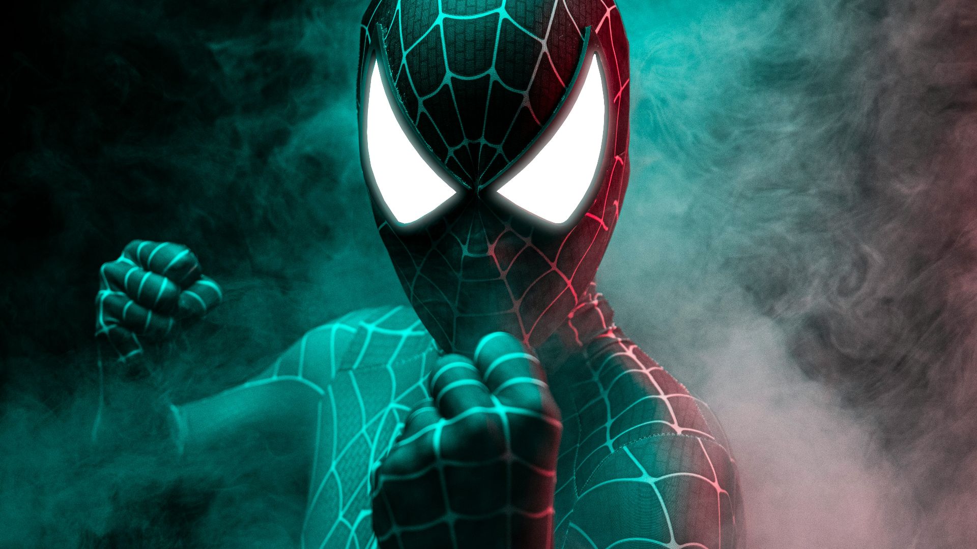 a spider - man in a suit with glowing eyes