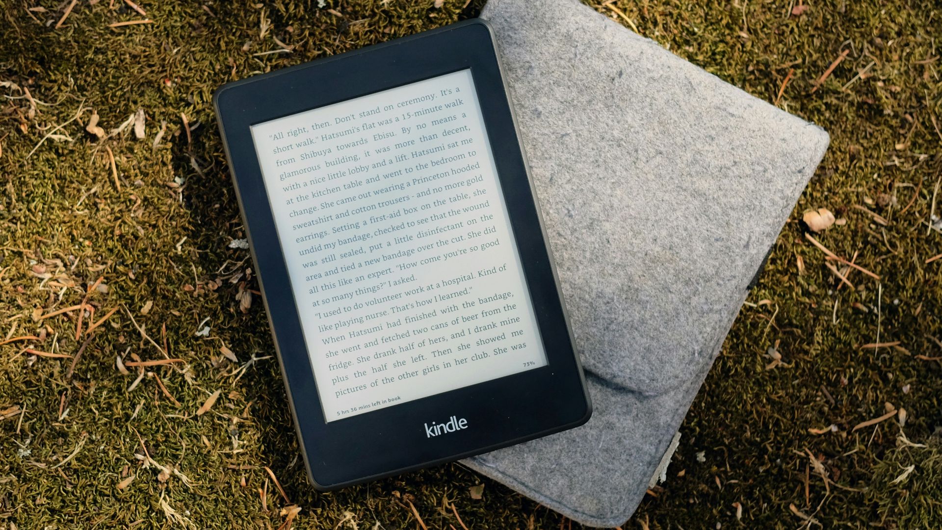 Kindle e-book reader on gray flip cover case