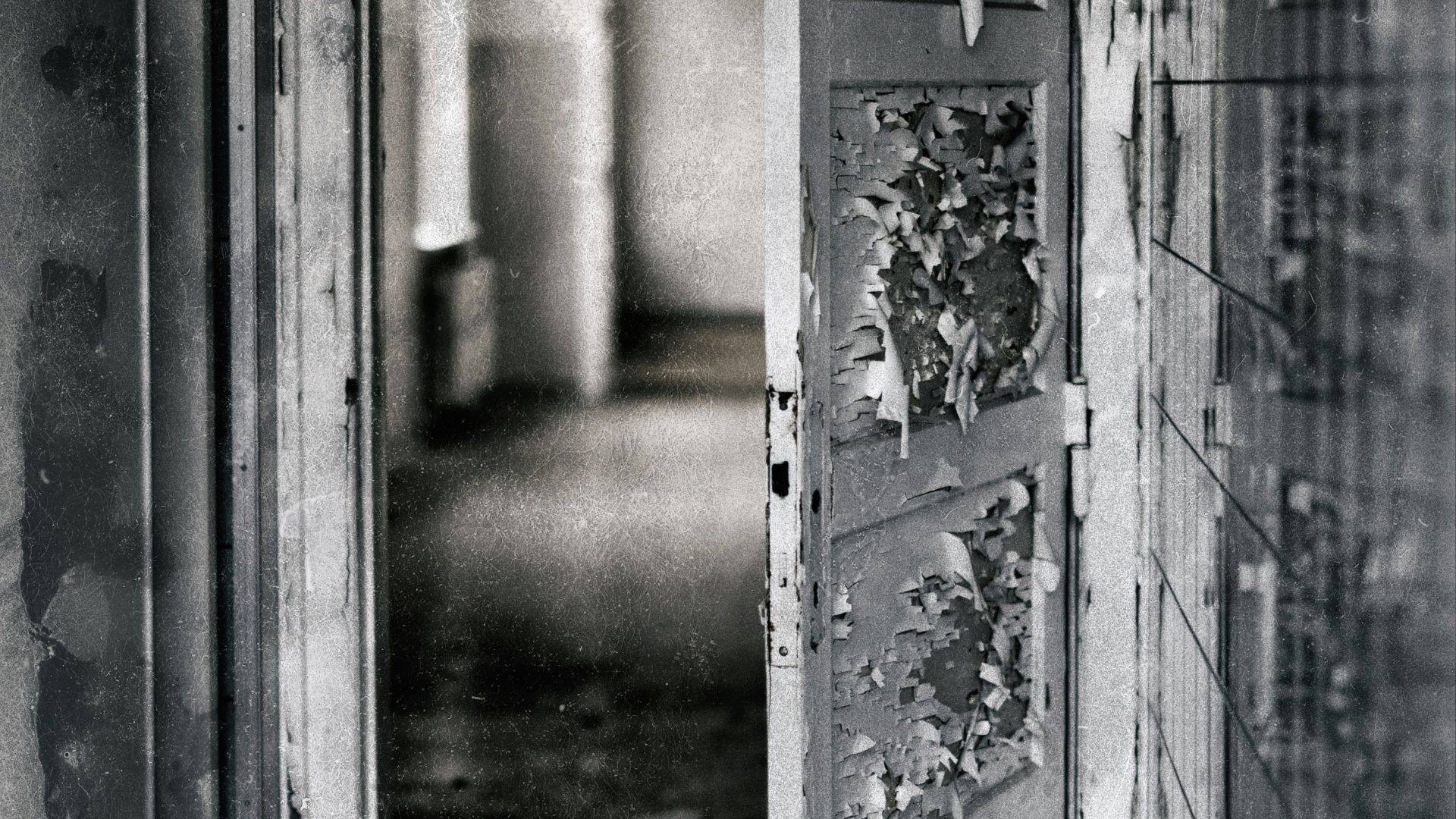 grayscale photography of opened door