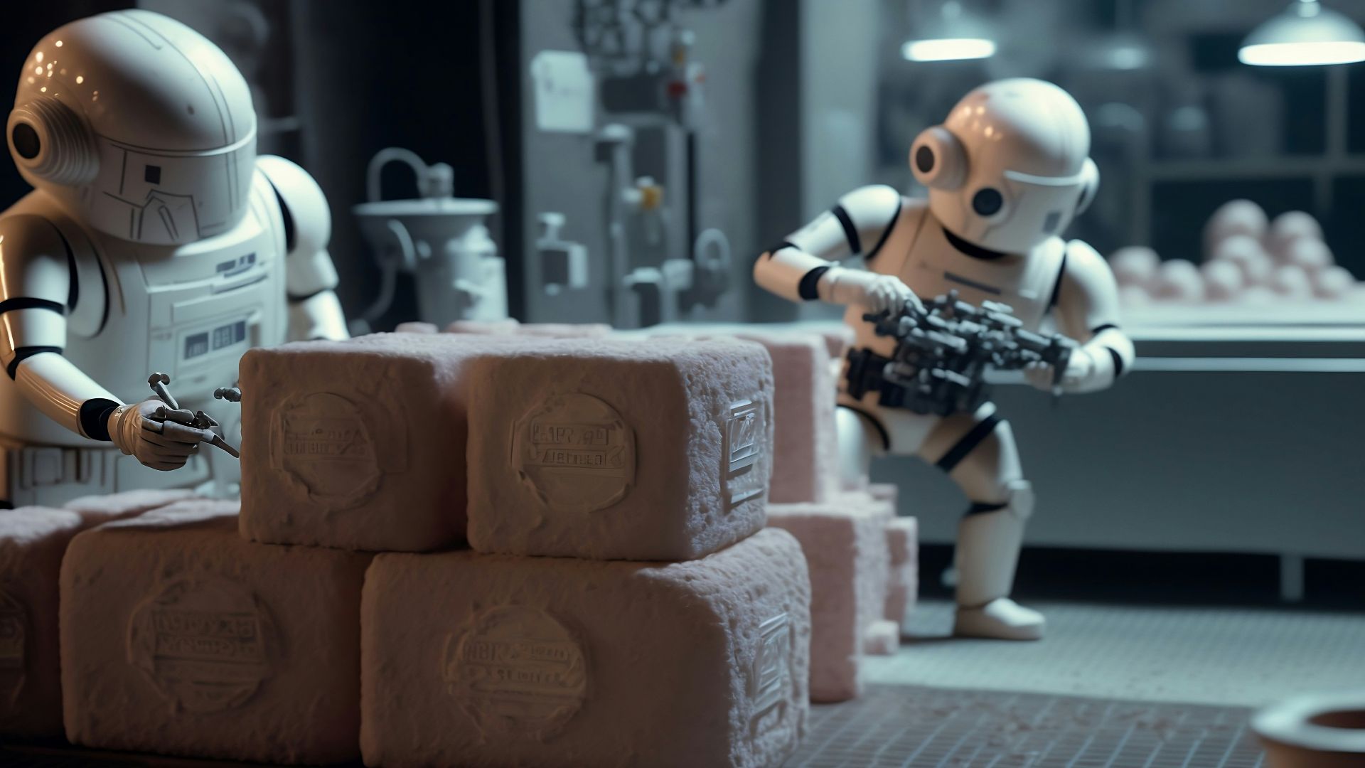 a robot holding a gun next to a pile of rolls of toilet paper