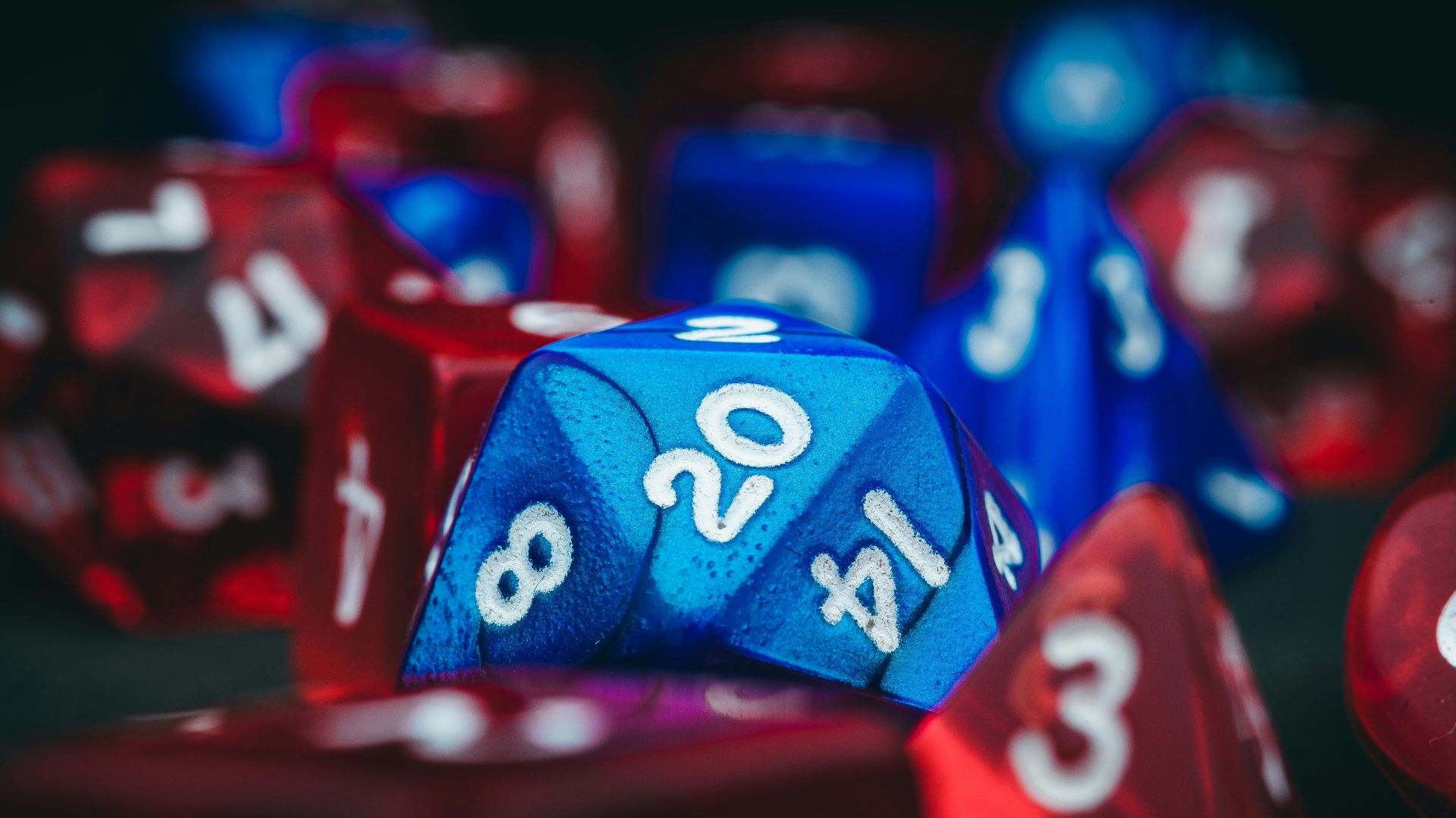 a close up of a blue and red dice