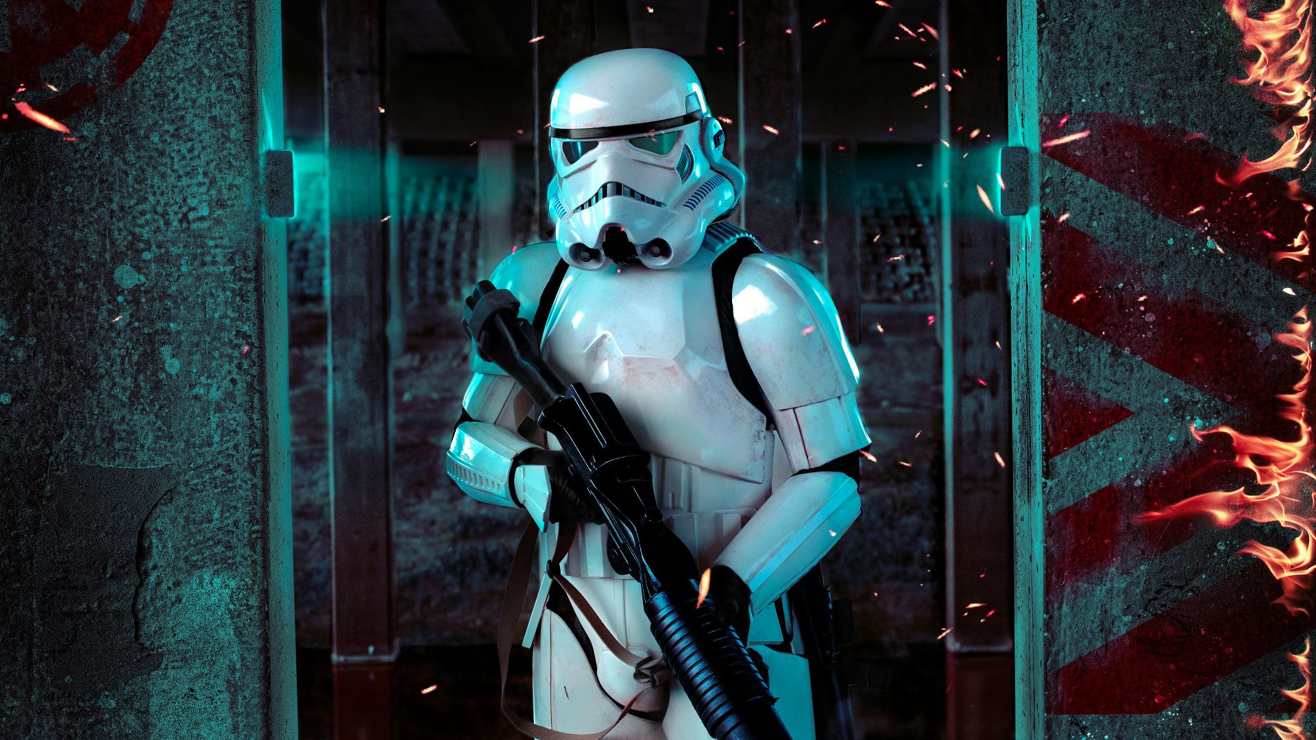 woman in black and white suit holding black rifle