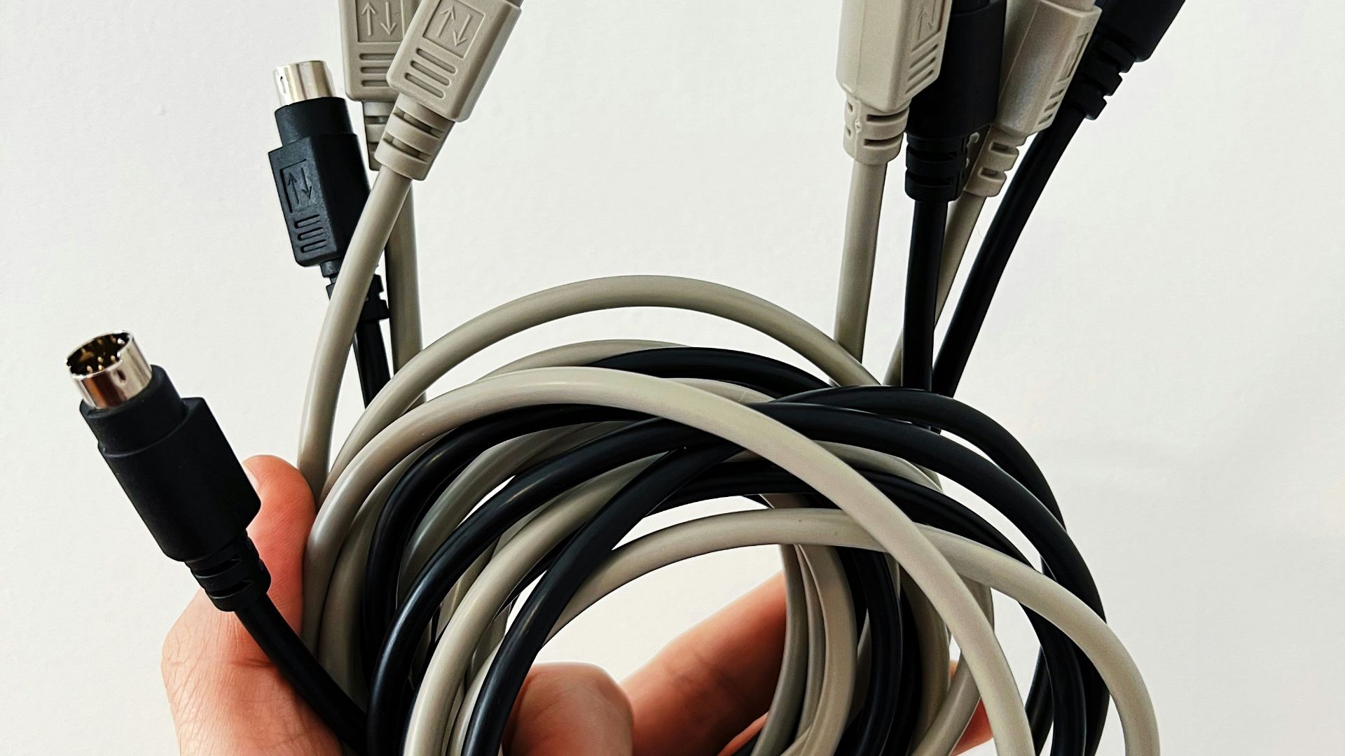 a hand holding a black and white cable