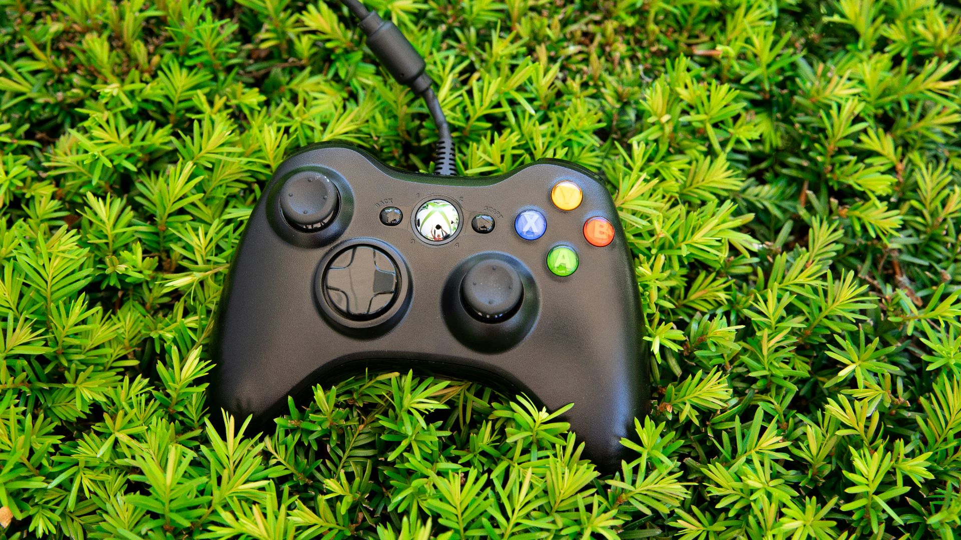 a video game controller laying on top of a lush green field