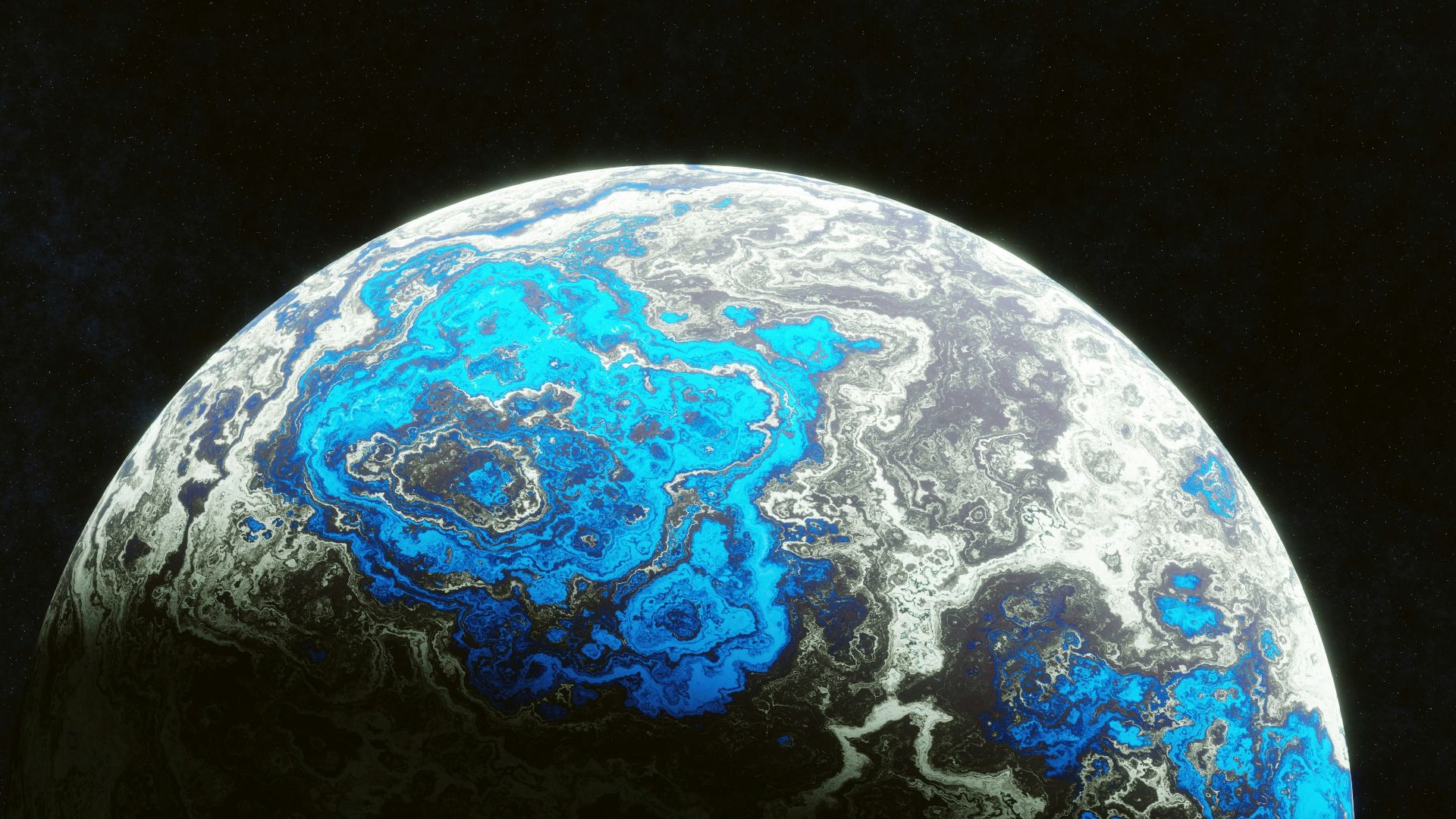 A close up of a blue and white object on a black background