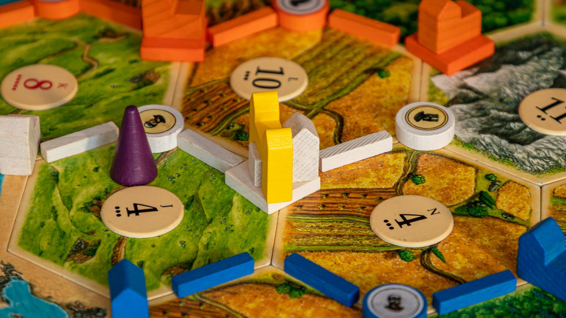 A close up of a board game with many pieces