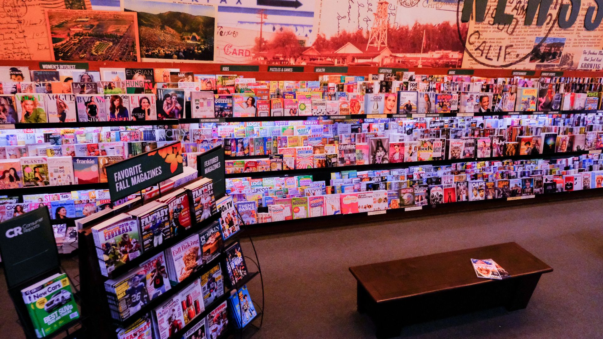 brown wooden table with assorted products