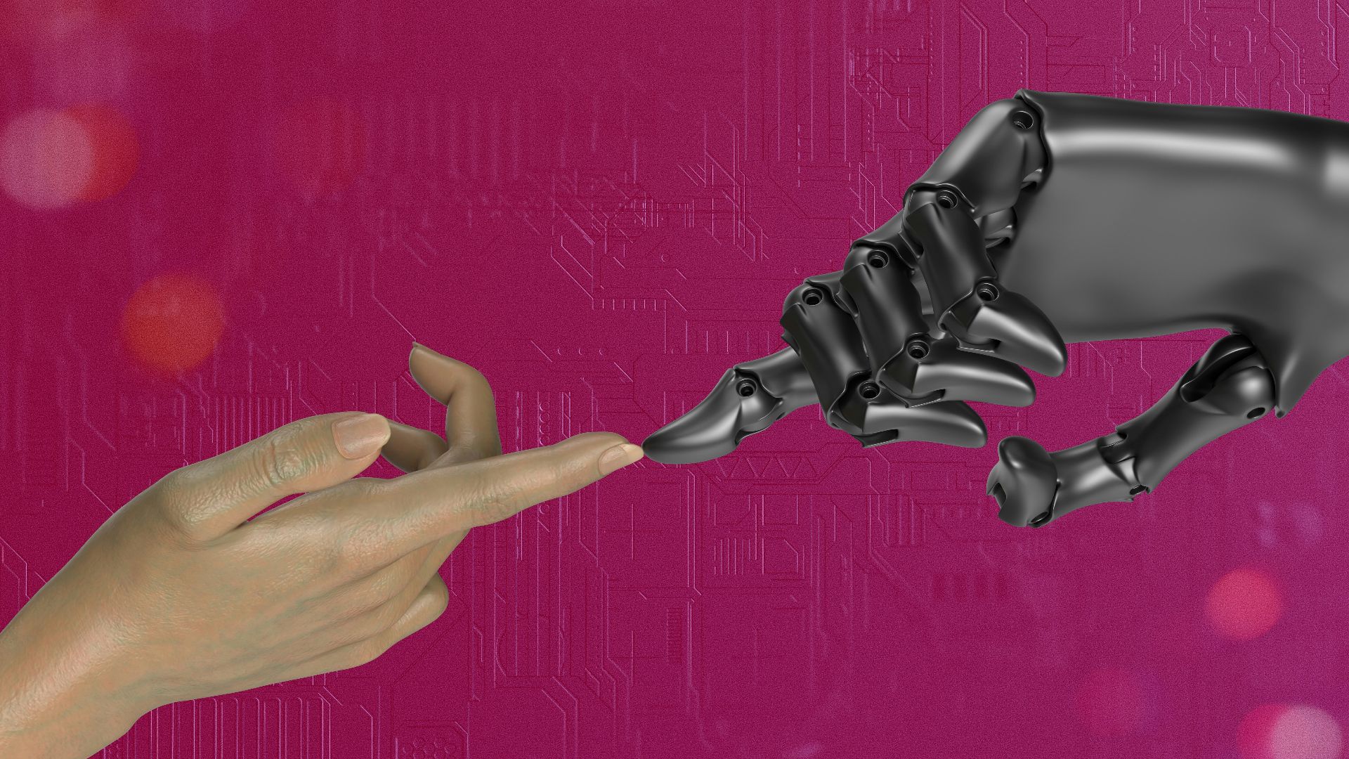 two hands touching each other in front of a pink background