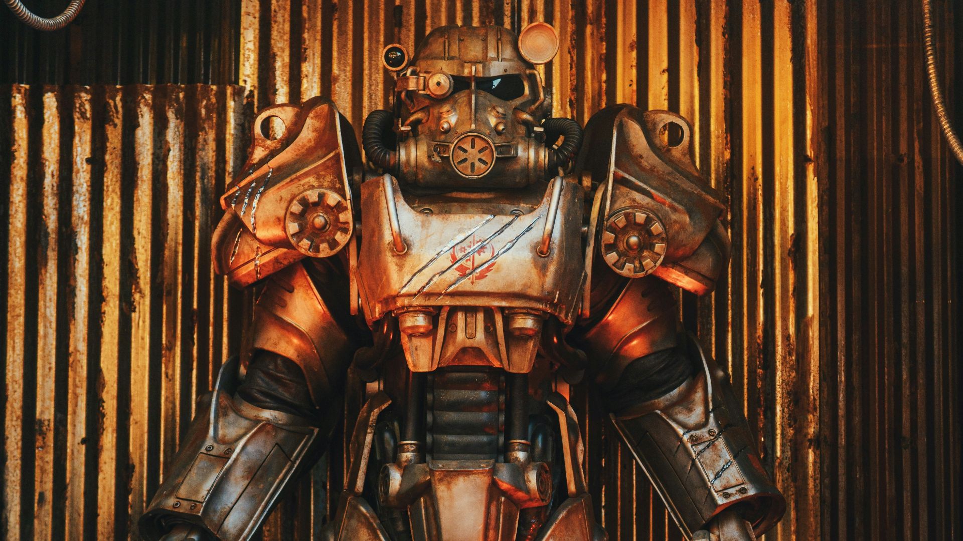 a giant robot standing in front of a wall