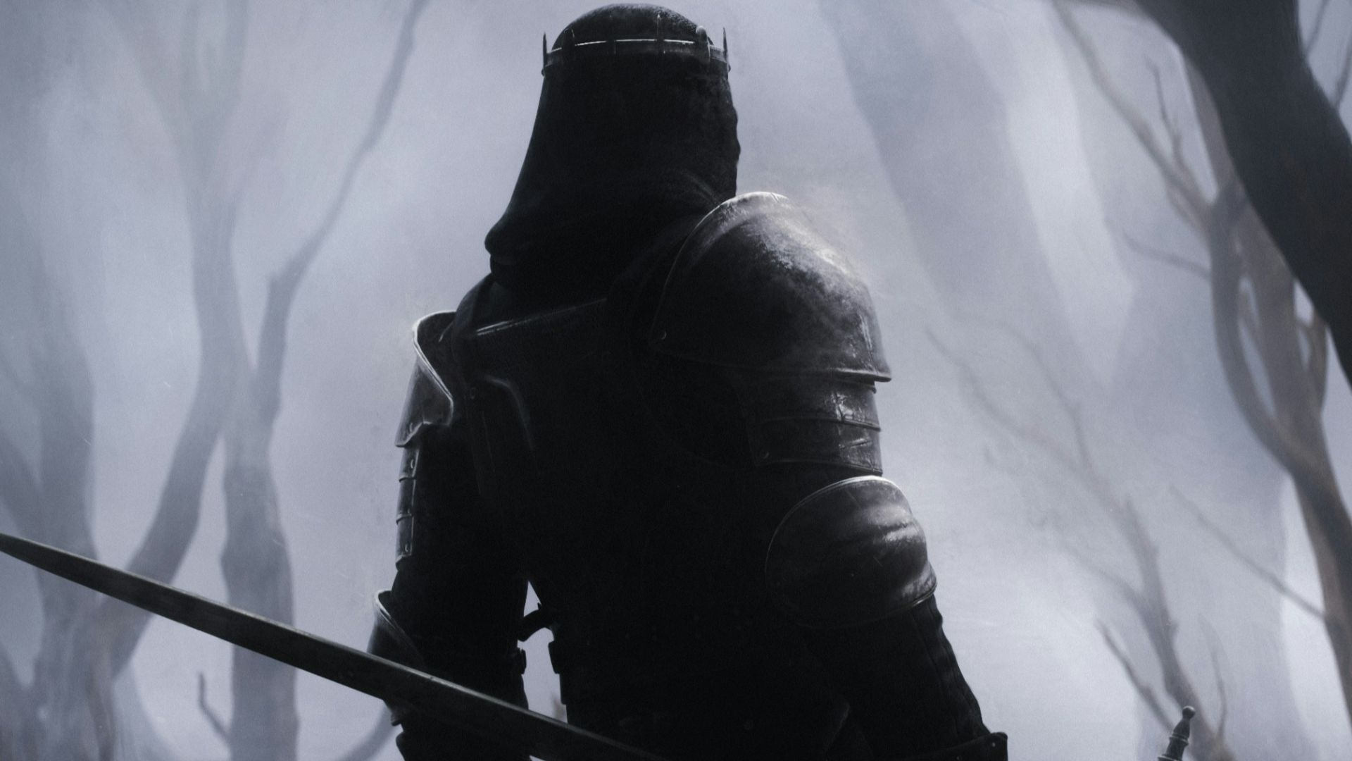 a man in a hooded suit holding a sword in a dark forest