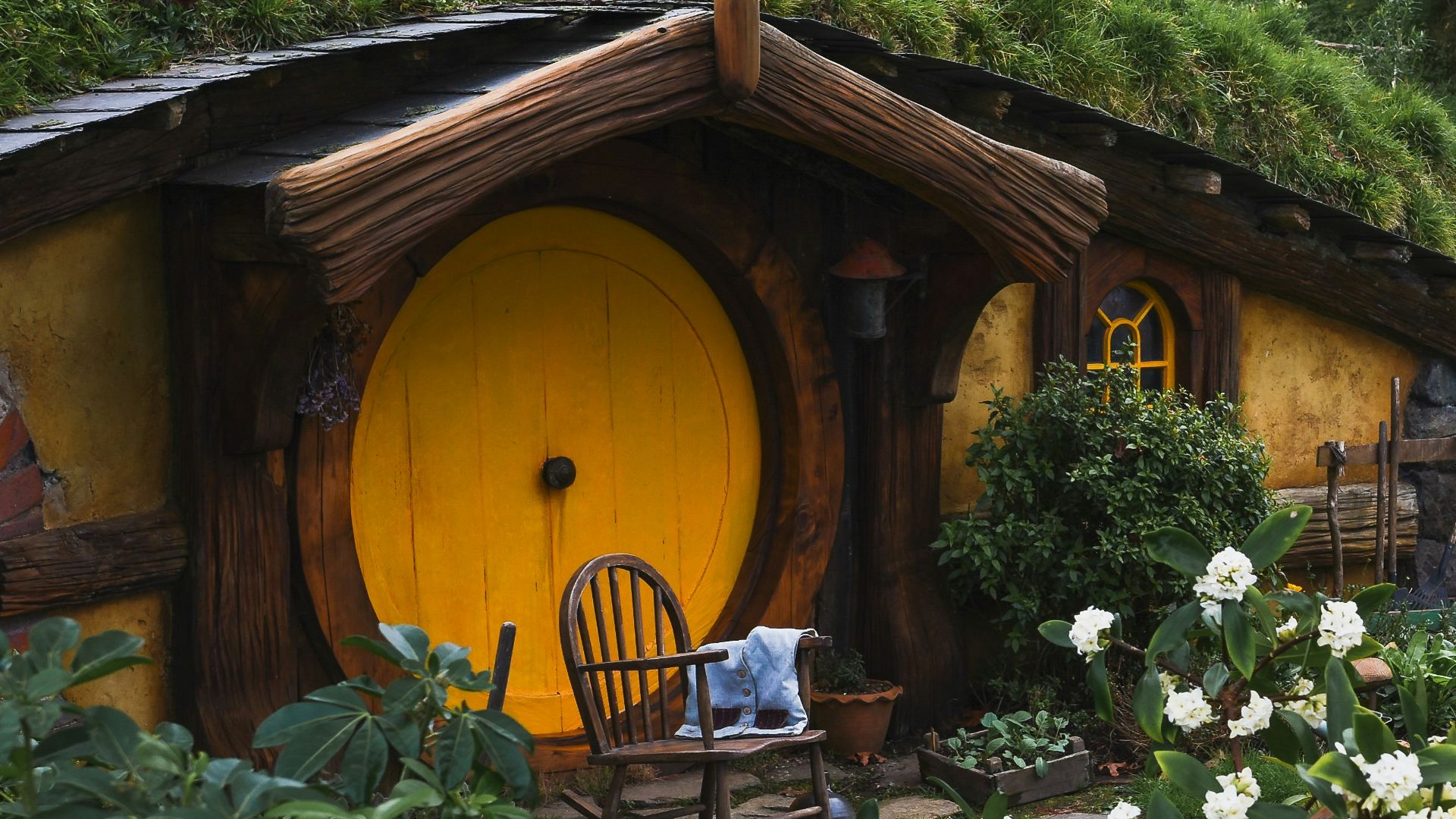 brown wooden house with white flowers and green plants