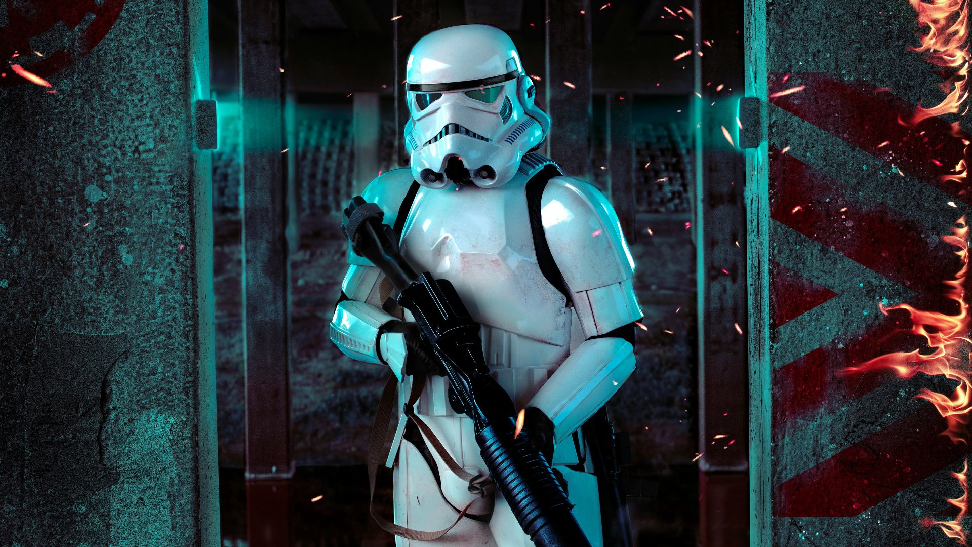 woman in black and white suit holding black rifle