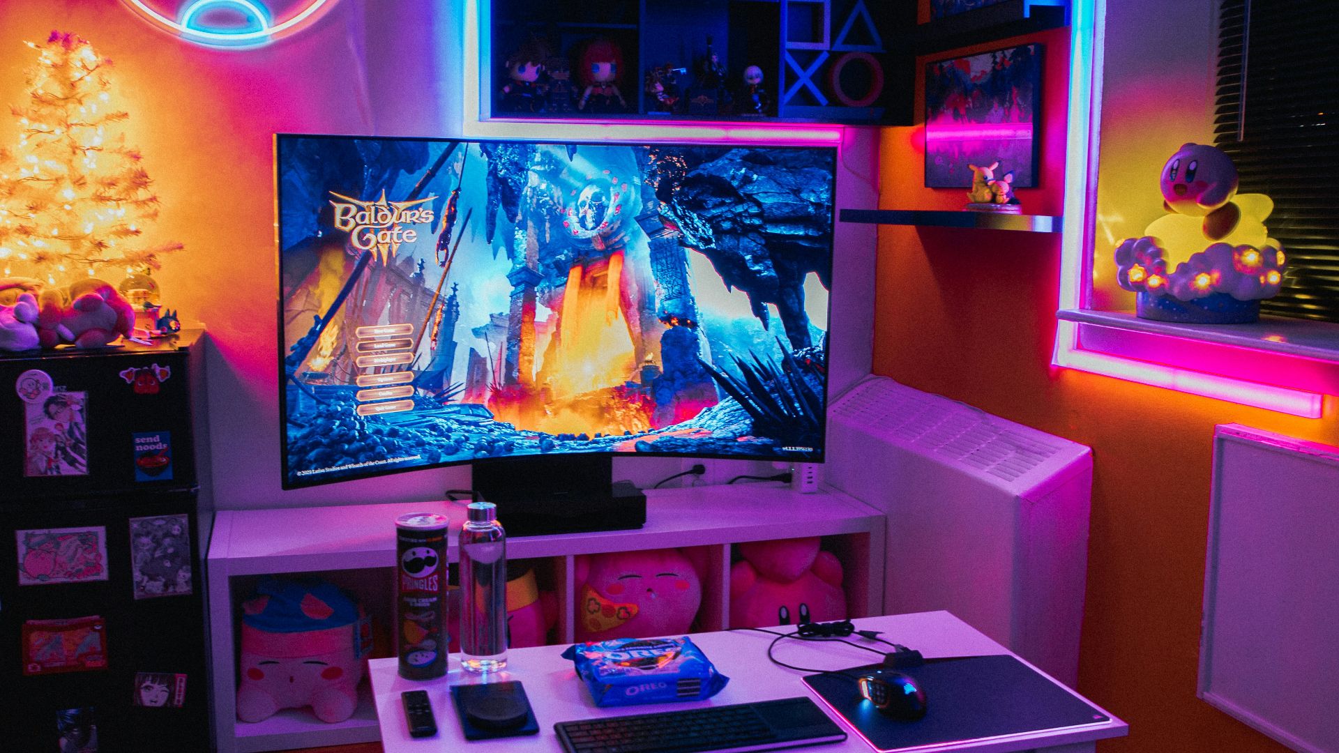 a living room with a television and a game system