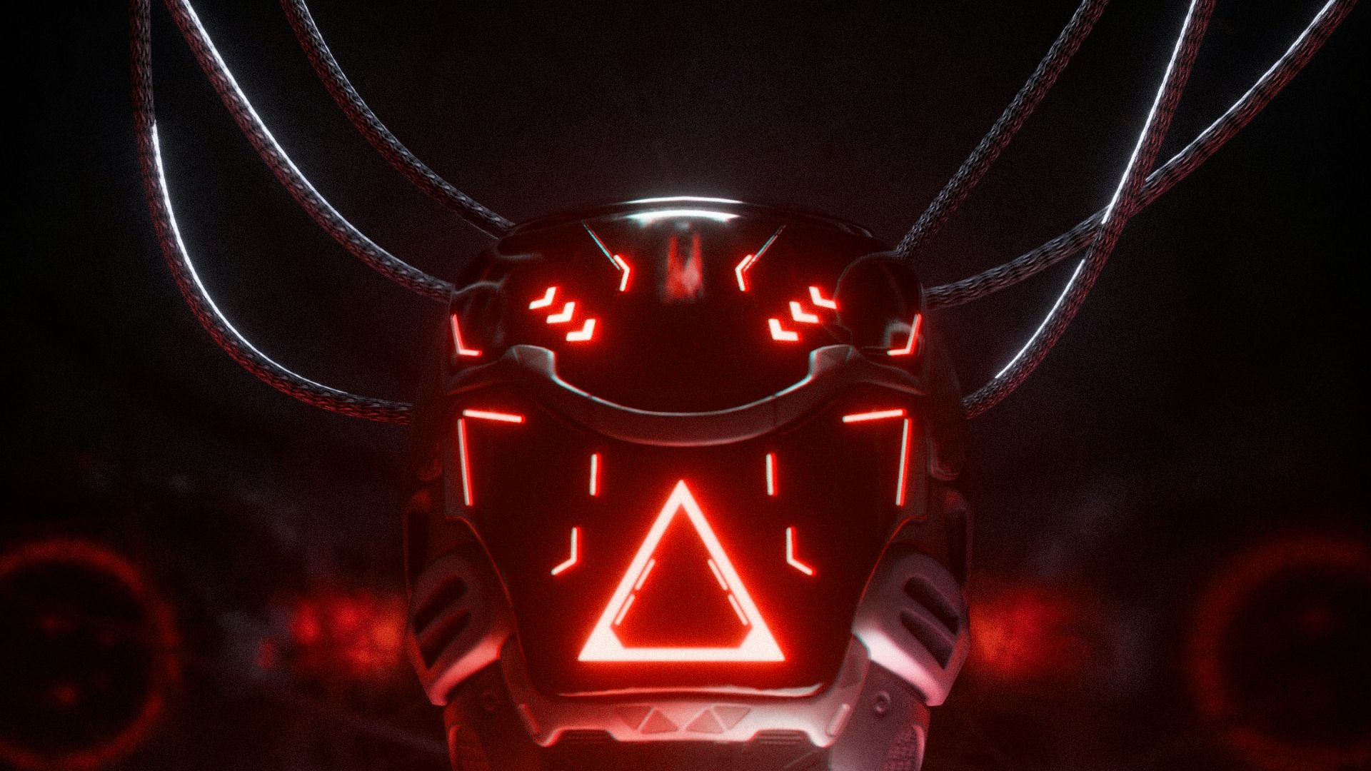 Futuristic robot head with glowing red triangle symbol.