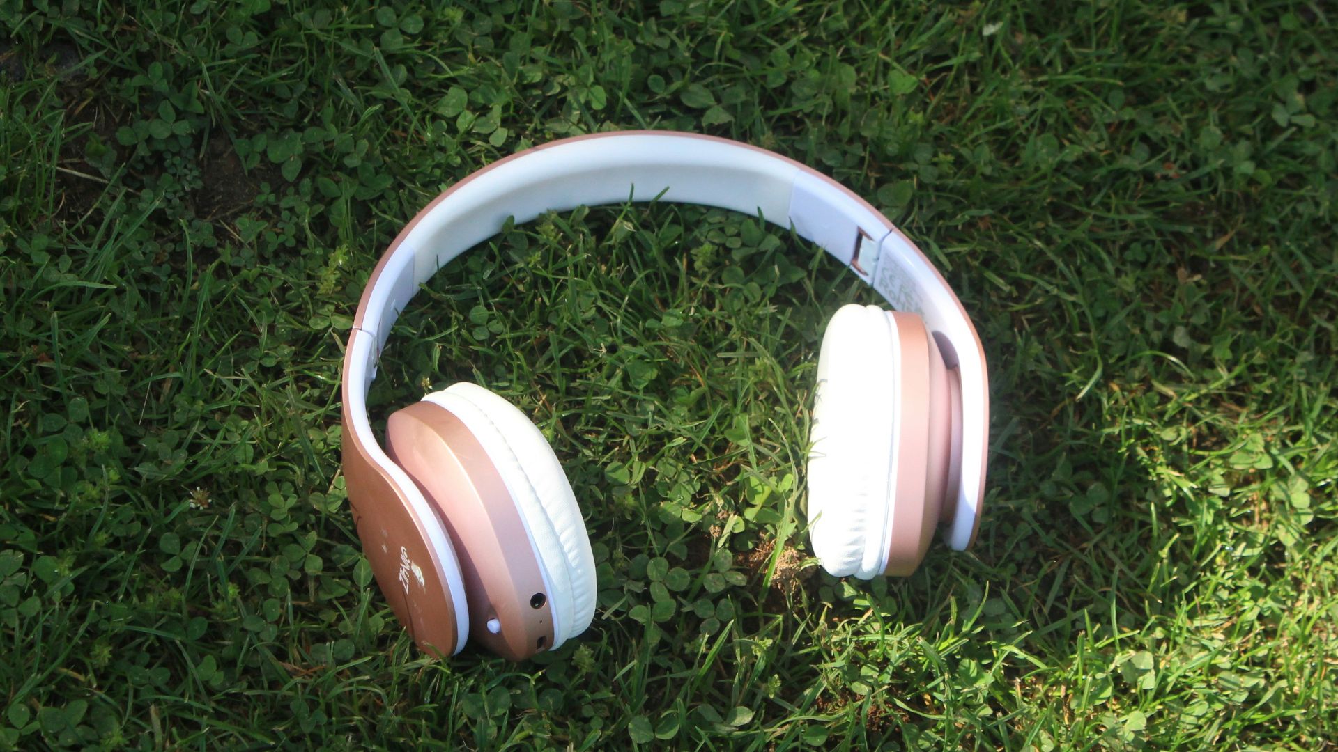 Headphones rest on green grass in the sunlight.