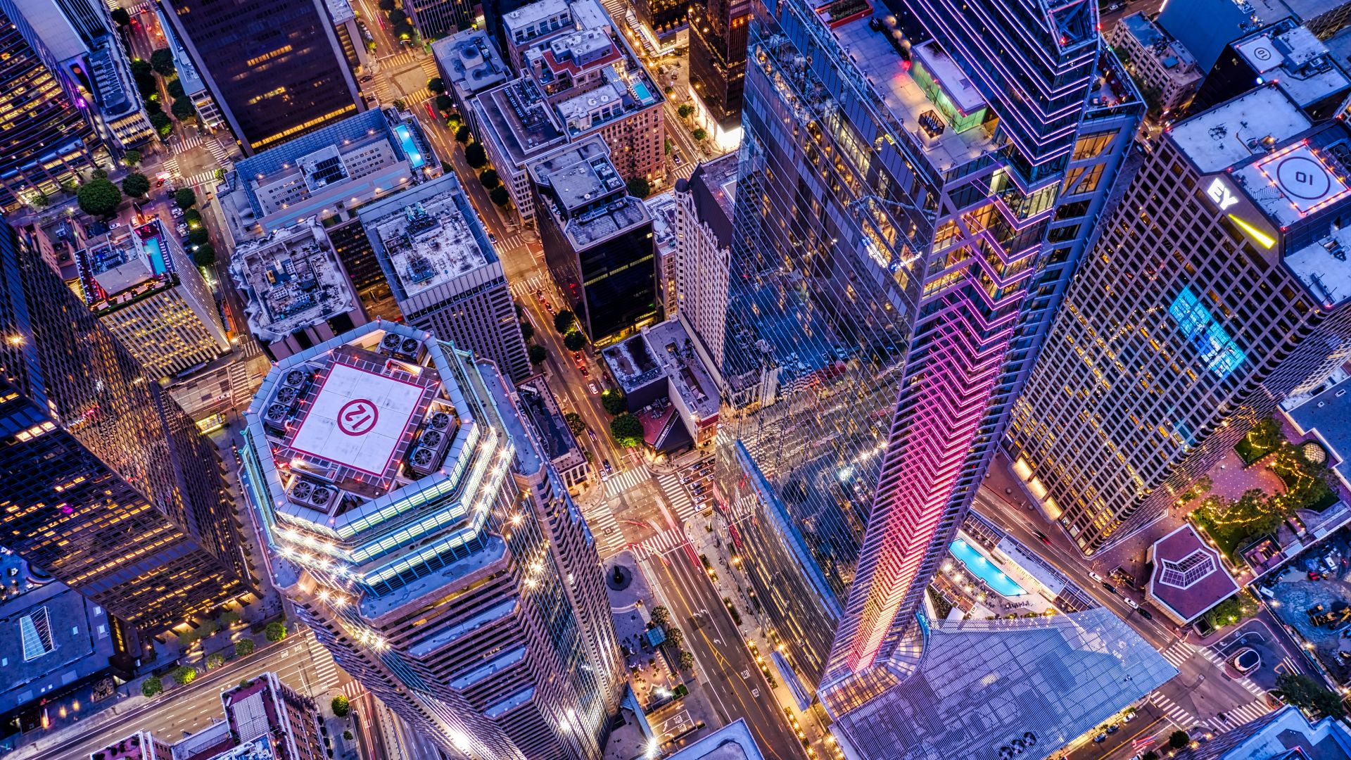 aerial view of city buildings during night time