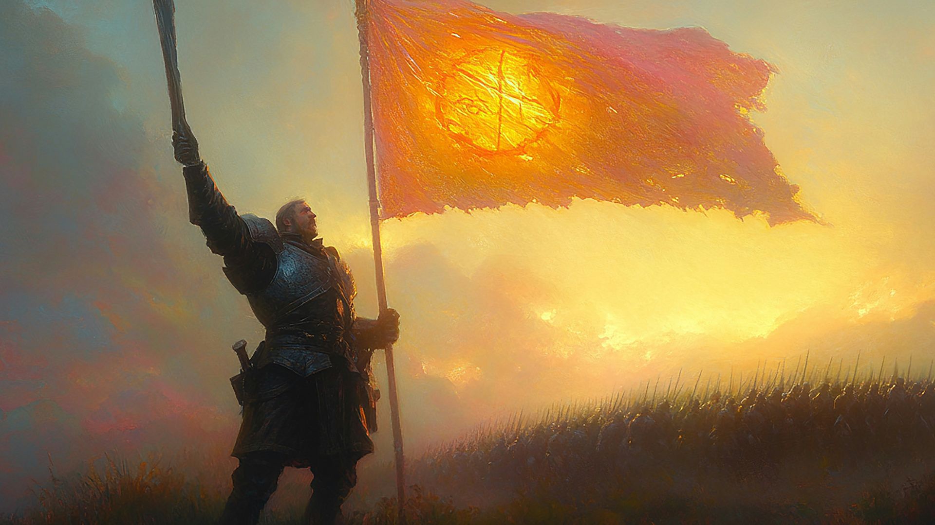 A man holding a flag on top of a hill
