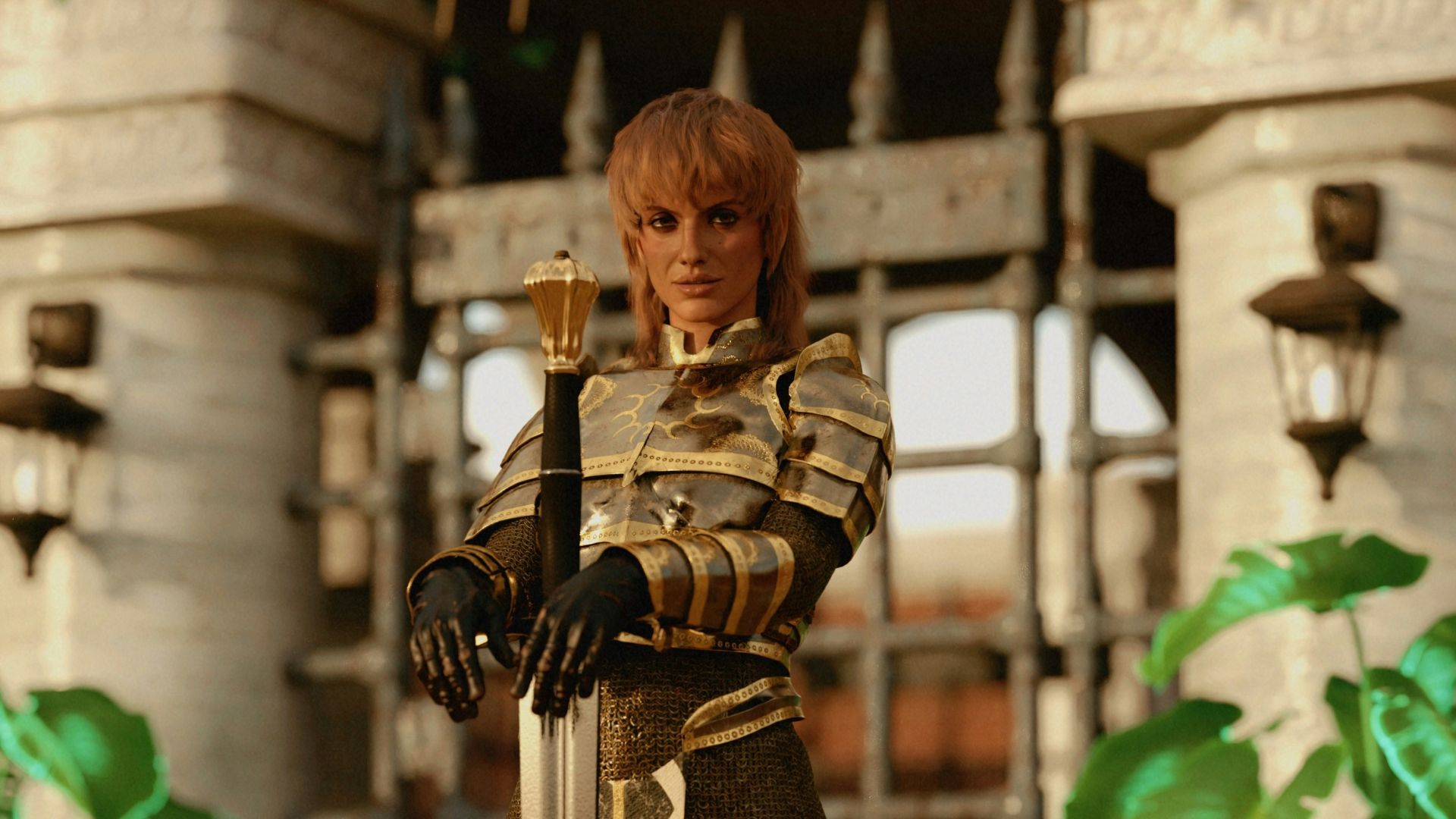 A warrior in armor holds a sword outdoors.