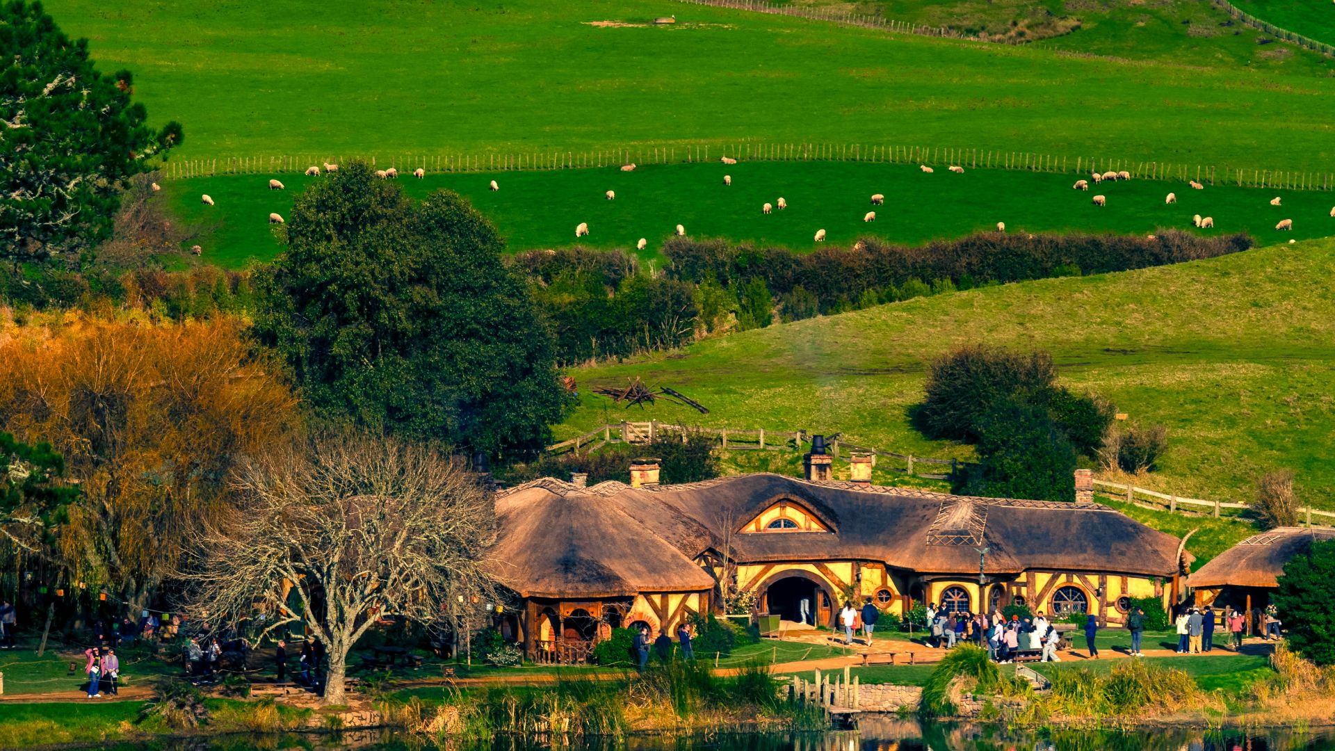 A lush green hillside with a lake in front of it