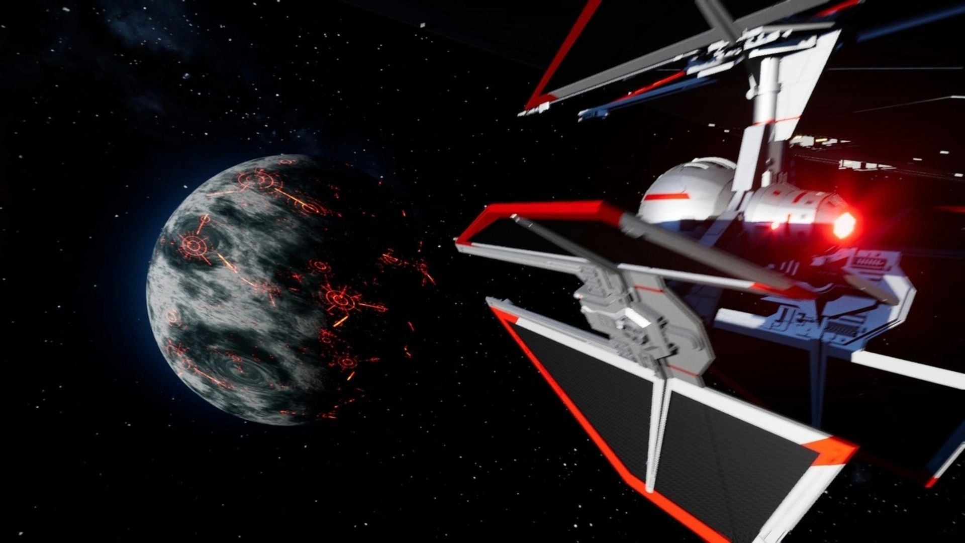 Spaceship approaching a fiery planet in space