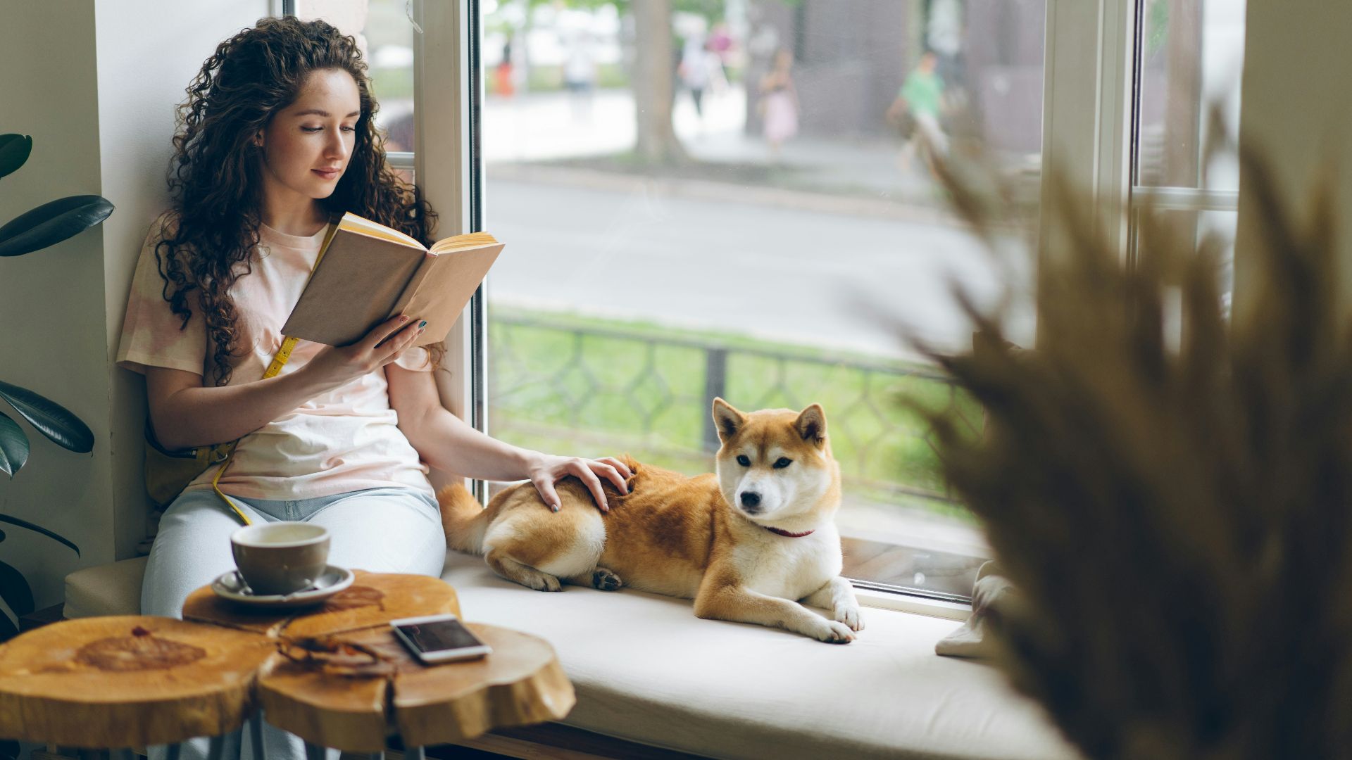 a woman sitting on a window sill reading a book next to a dog