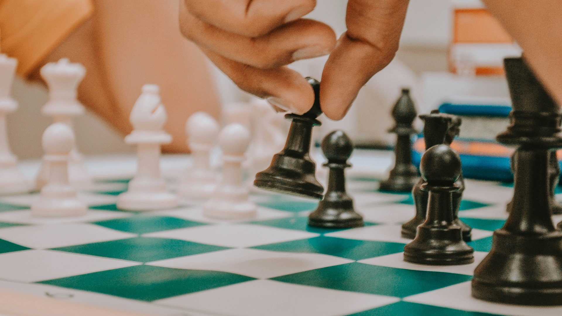 person holding black and white chess piece