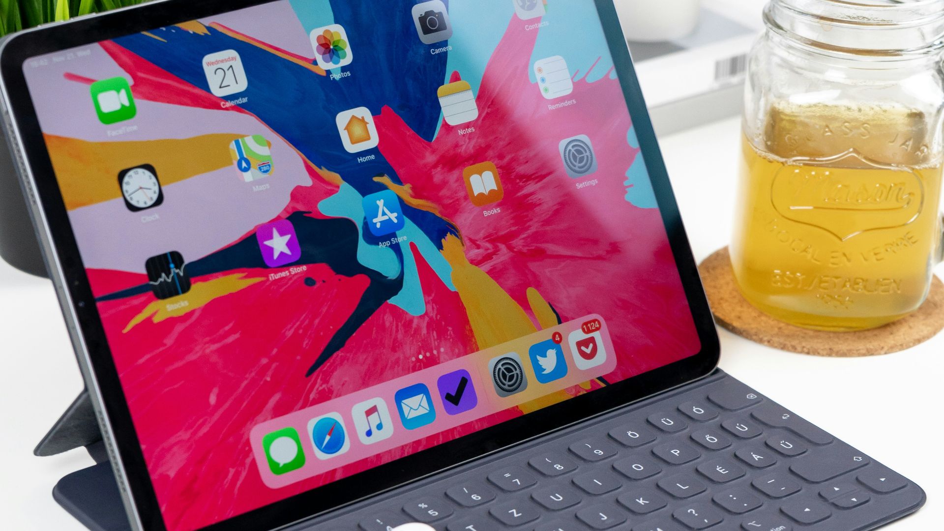 turned-on black tablet computer with keyboard