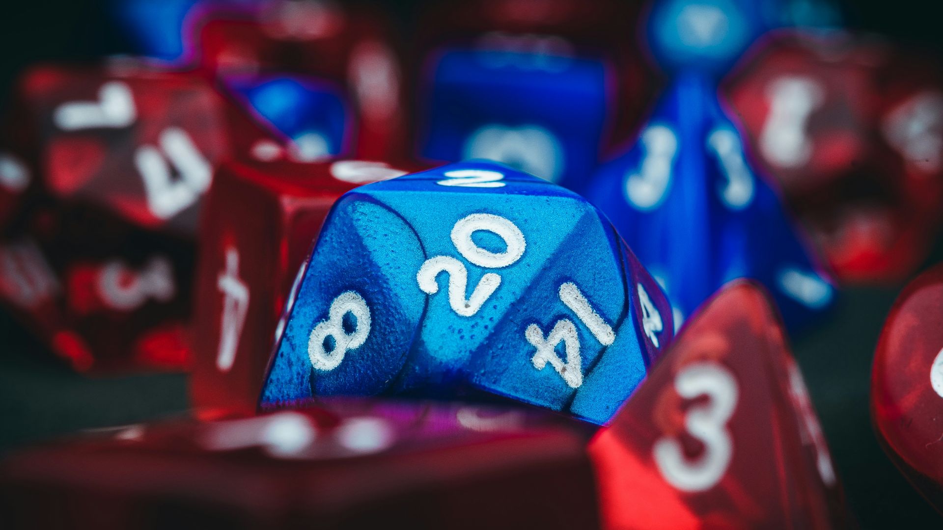 a close up of a blue and red dice