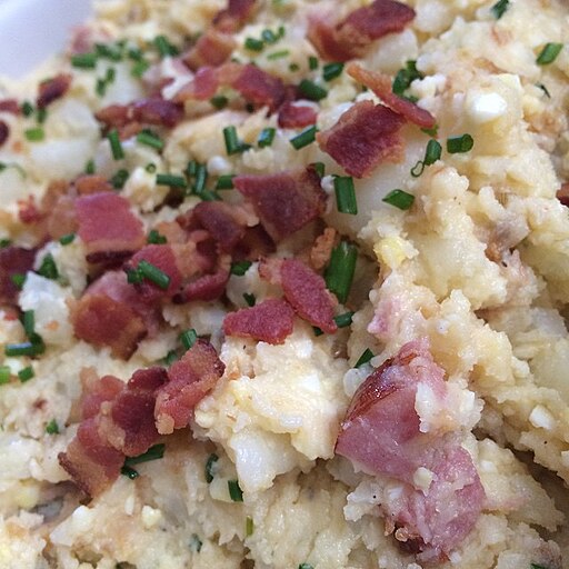 Japanese-Style Potato Salad With Yukon Gold Potatoes, Hard-Boiled Eggs, Kewpie, Apple Cider Vinegar Smoked Sausage, Bacon, Fried Shallots, And Chives. -Thanksgiving (15867845156)