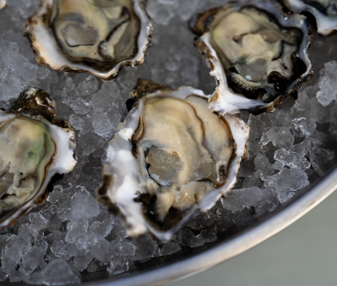 A pan filled with oysters sitting on top of ice
