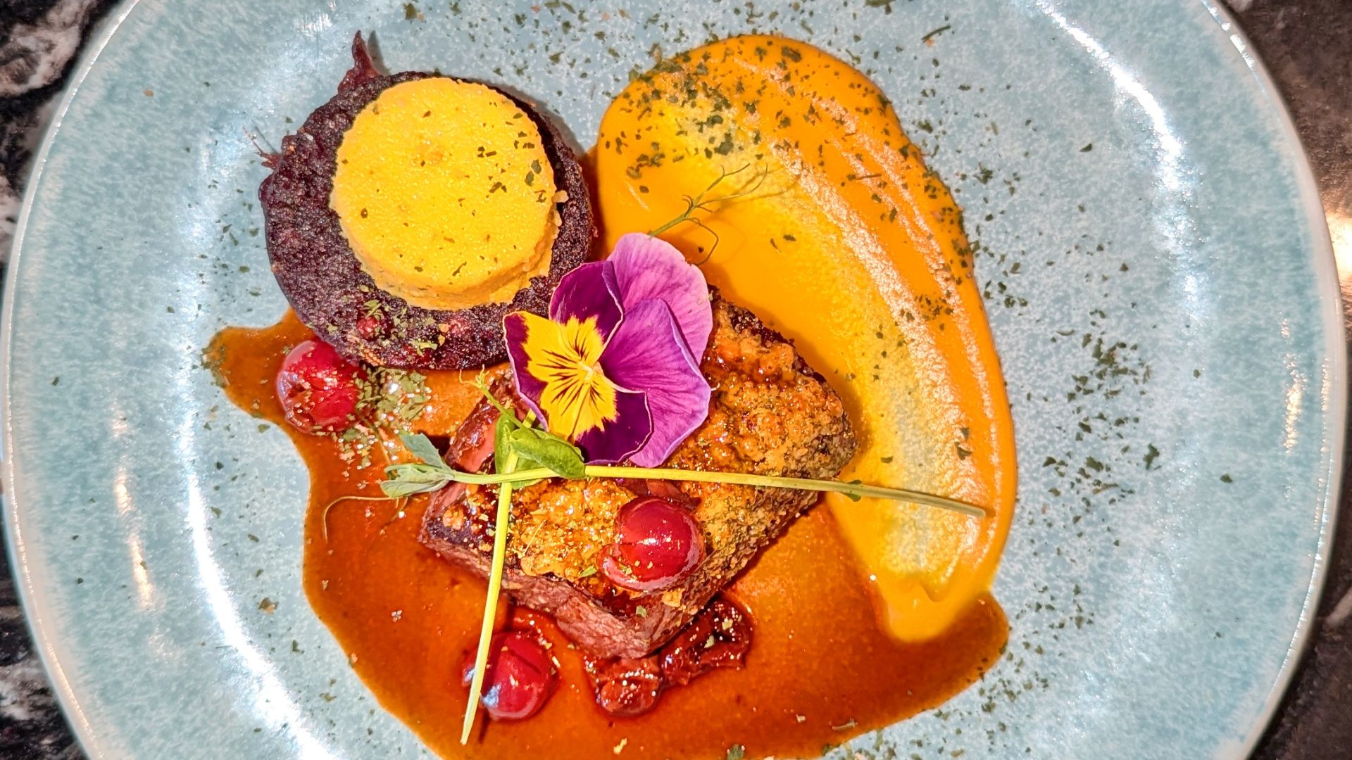 File:Venison loin, squash puree, polenta, and cabbage - Dunedin, New Zealand.jpg