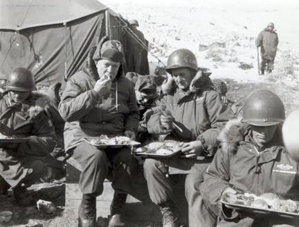 December 4, 1952 - Dwight D. Eisenhower And Sgt. Virgil Hutcherson, Squad Leader, Co.  B , 15Th Infantry Regiment, 3Rd Us Infantry Division, Eat Dinner In Korea 77-18-898